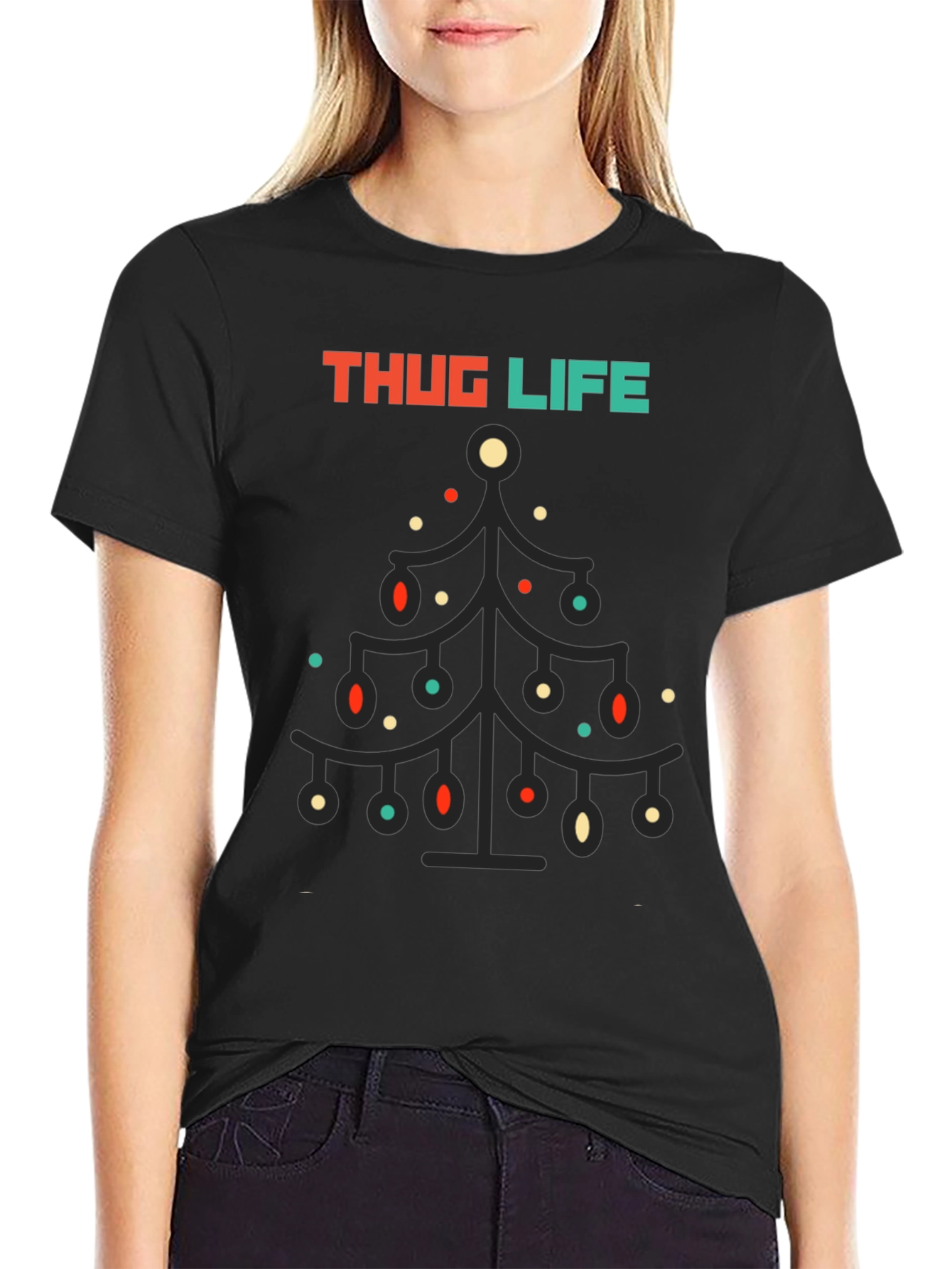 Thug Life Christmas Tree Graphic Tee - Black