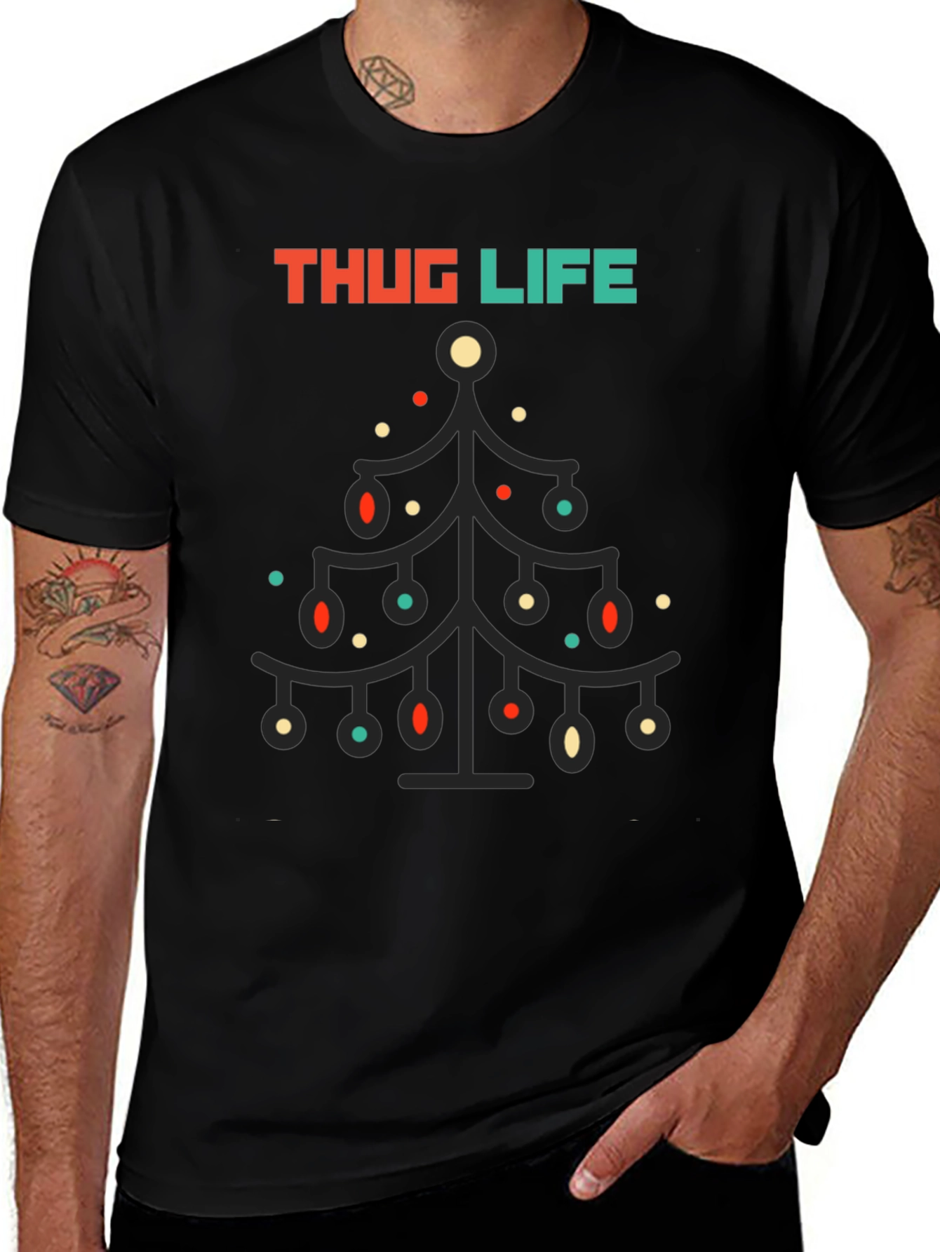 Thug Life Christmas Tree Graphic Tee - Black