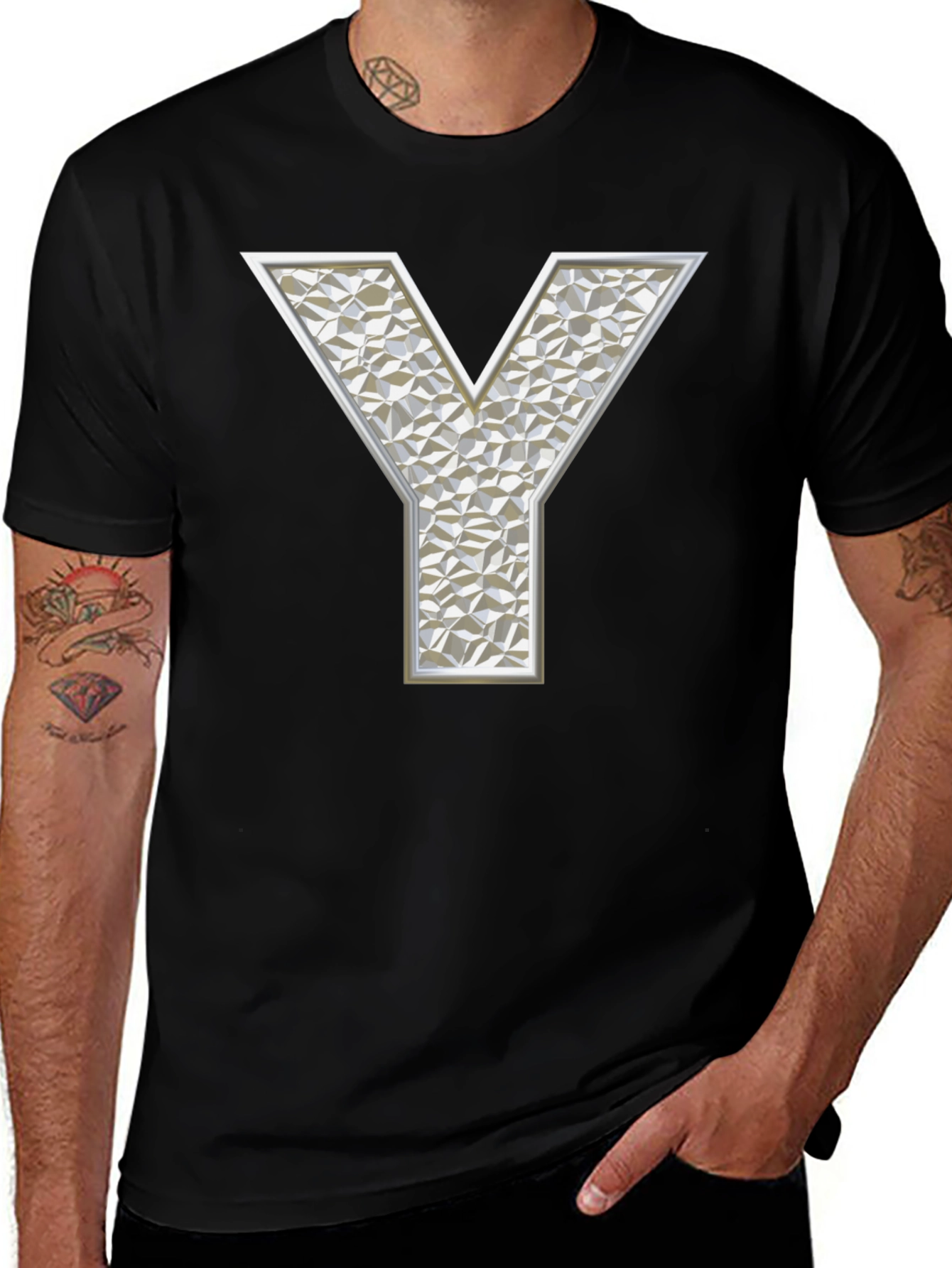 Geometric Y Letter Print Black T-Shirt