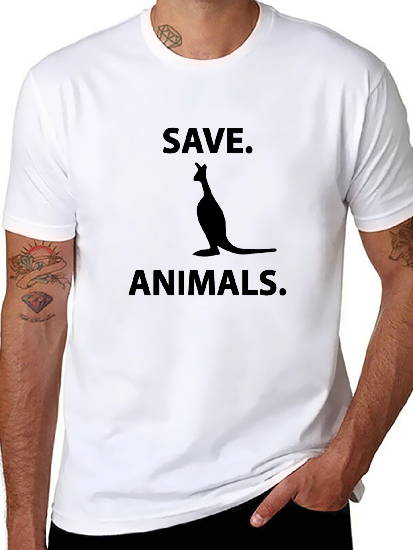 Save Animals Black T-Shirt with Kangaroo Graphic