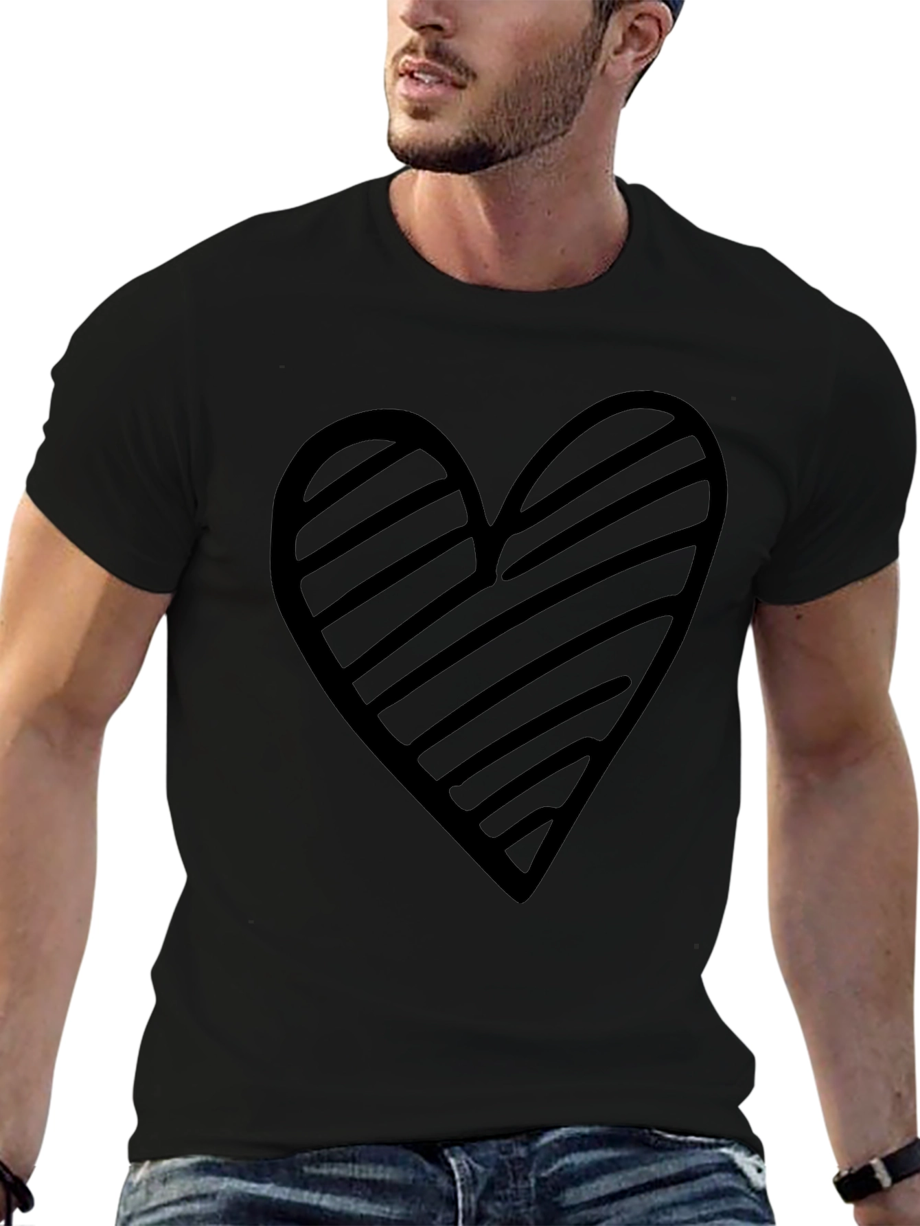 Striped Heart Graphic Black T-Shirt