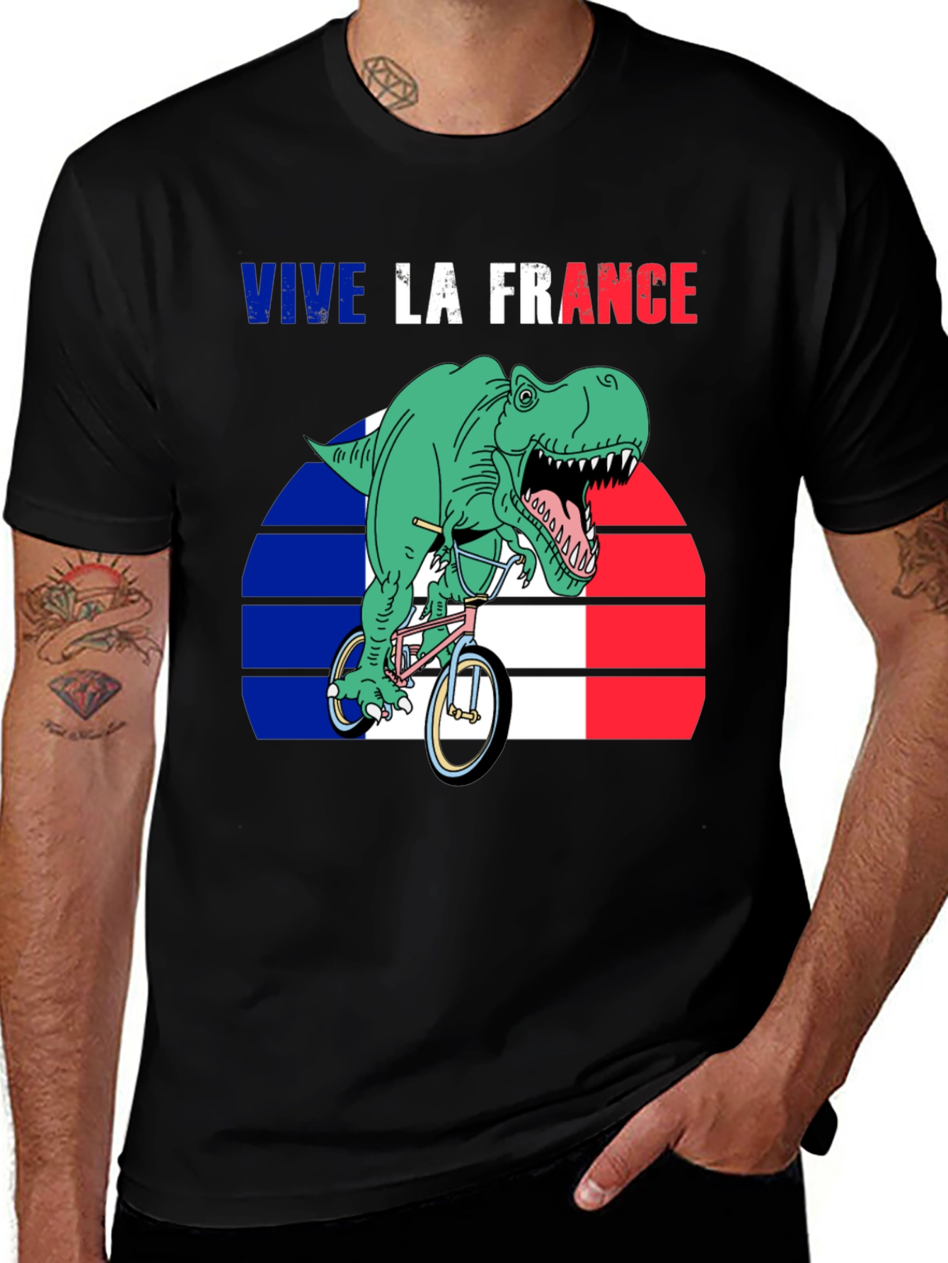 Vive la France Dinosaur T-Rex Bike French Flag Tee