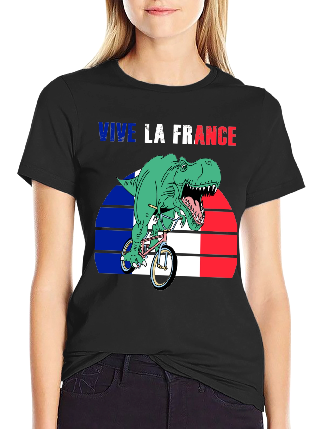 Vive la France Dinosaur T-Rex Bike French Flag Tee