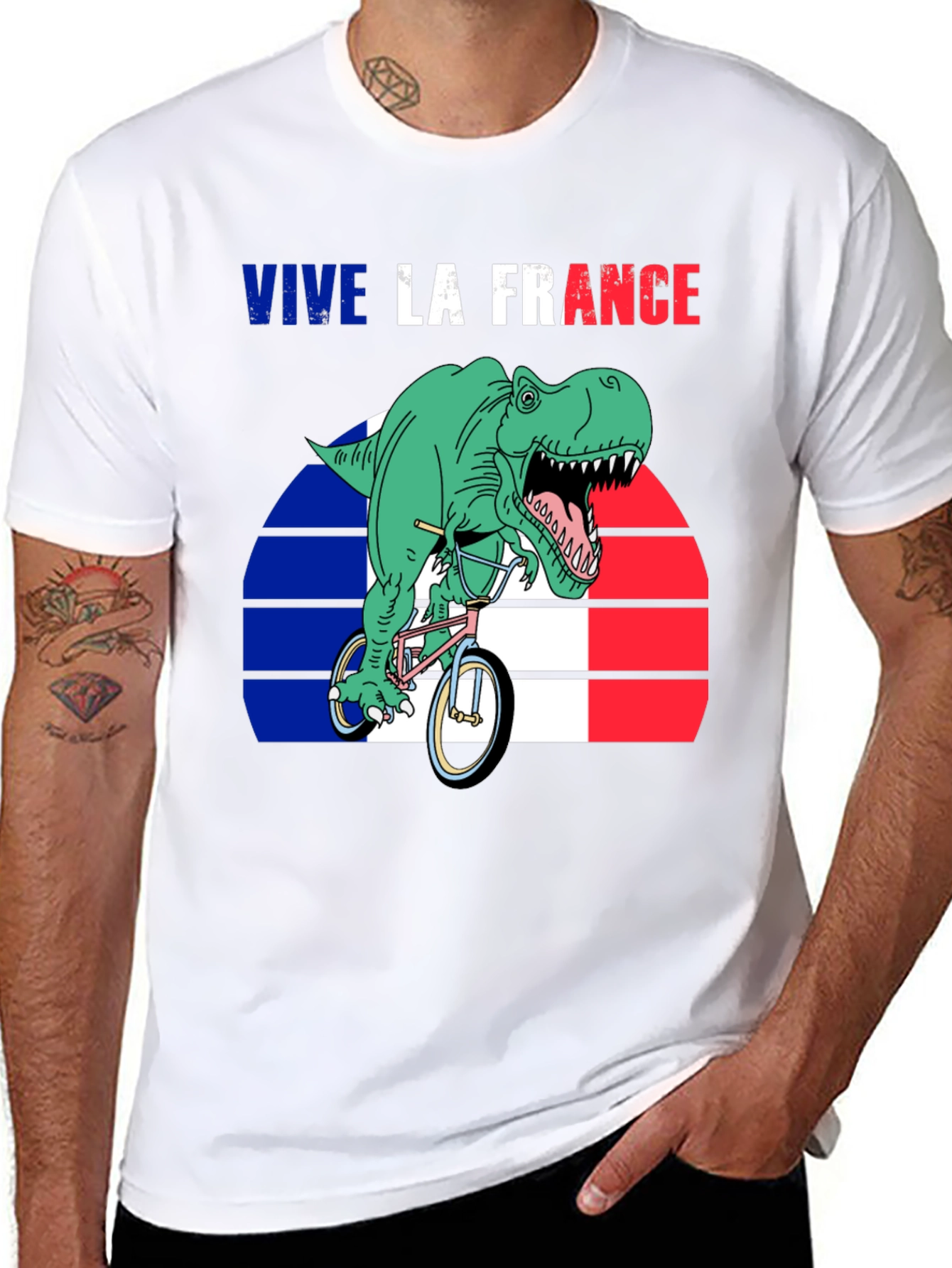 Vive la France Dinosaur T-Rex Bike French Flag Tee