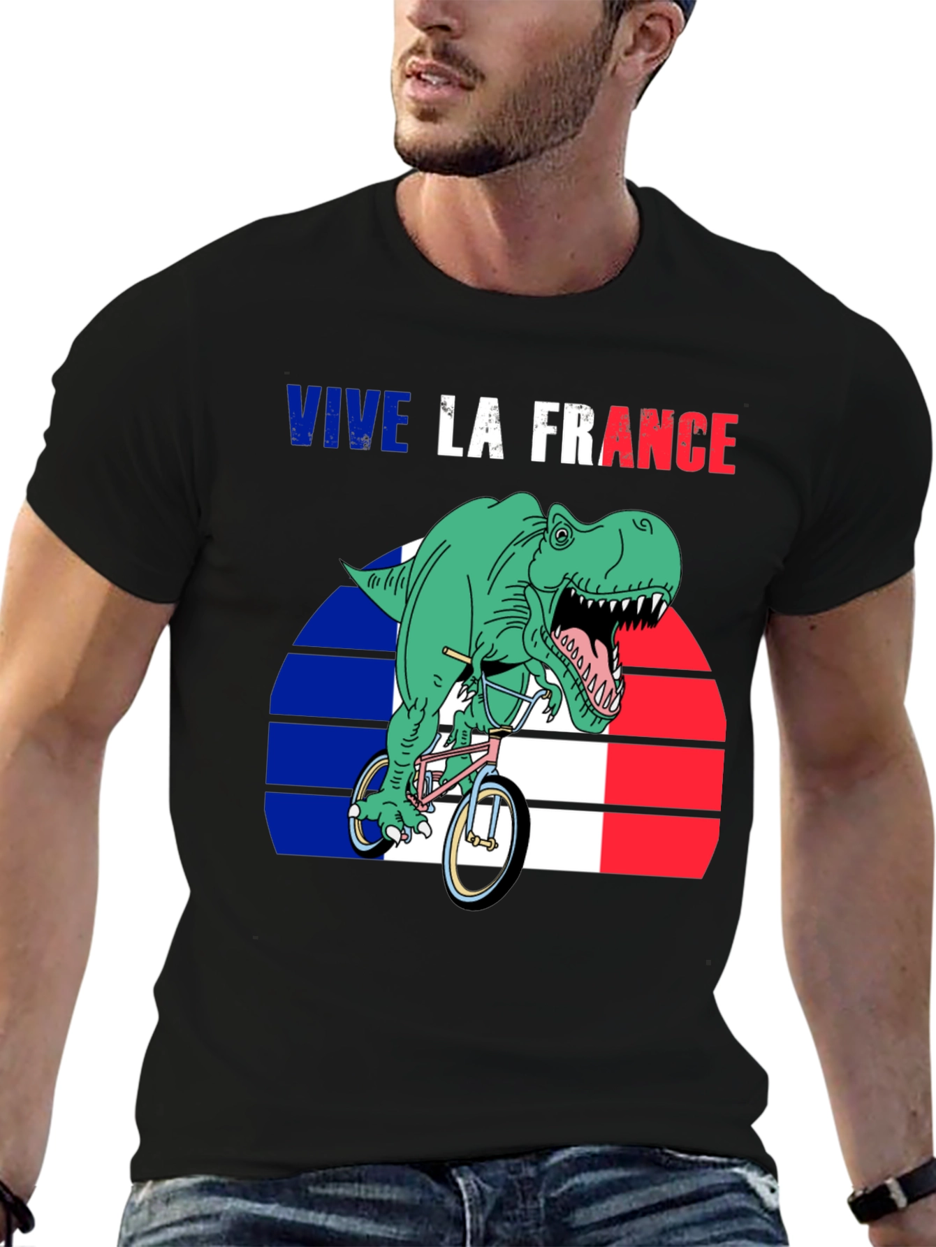 Vive la France Dinosaur T-Rex Bike French Flag Tee