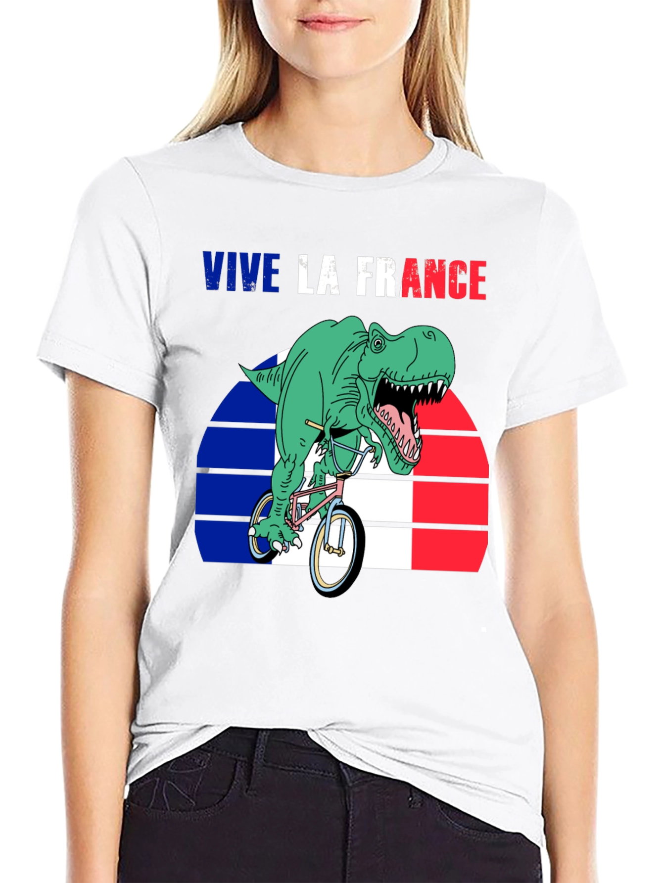 Vive la France Dinosaur T-Rex Bike French Flag Tee