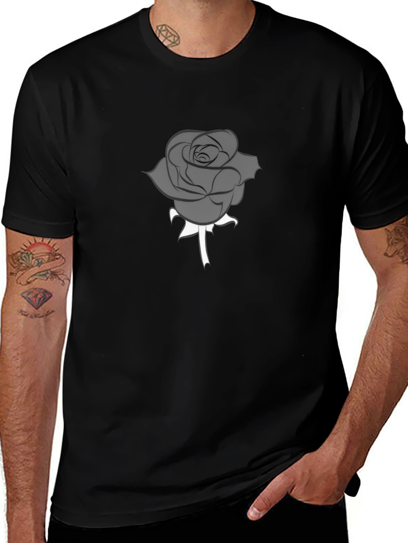 Mens Black T-Shirt with Gray Rose Graphic