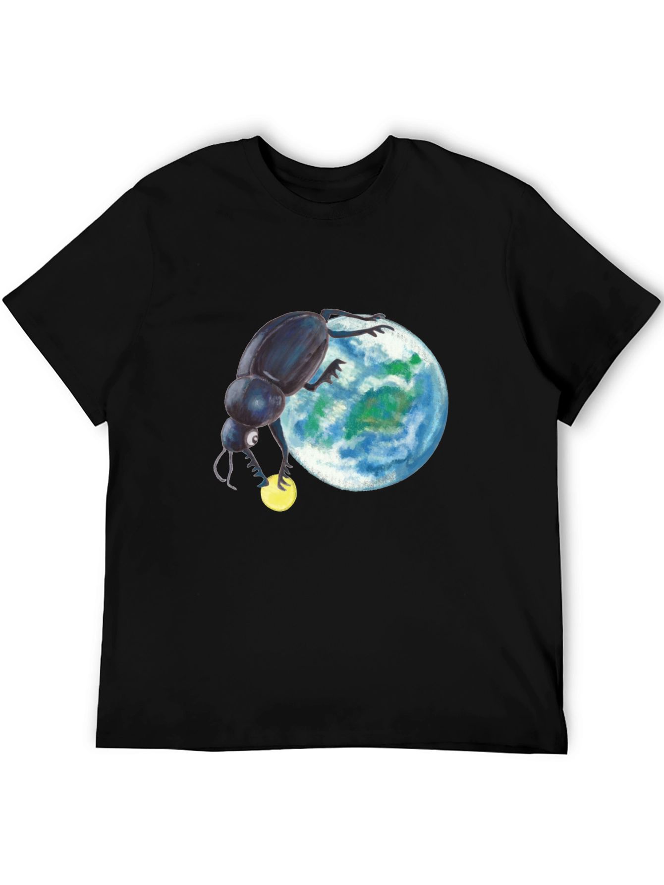 Black T-Shirt with Beetle Rolling Earth Design
