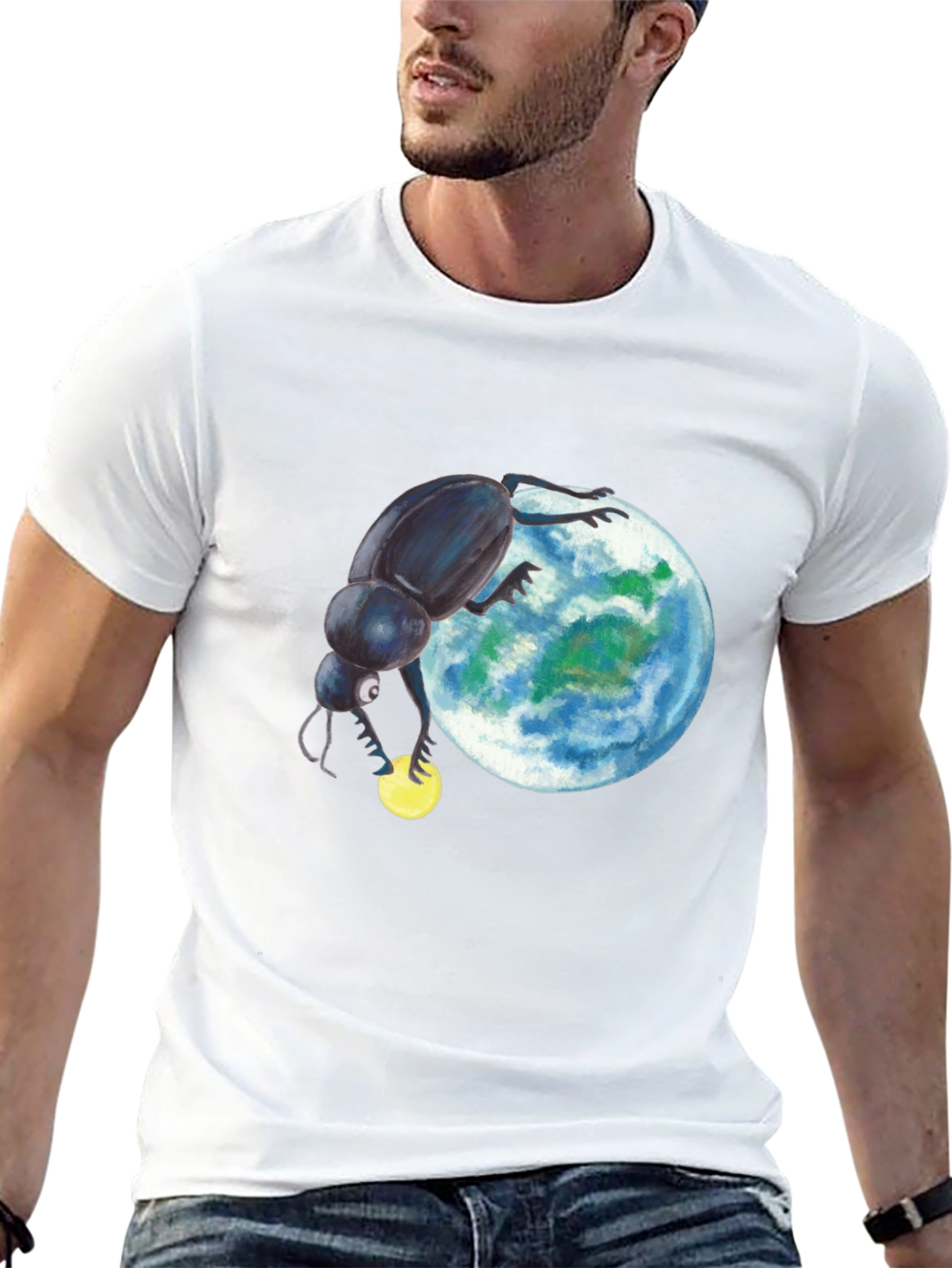 Black T-Shirt with Beetle Rolling Earth Design