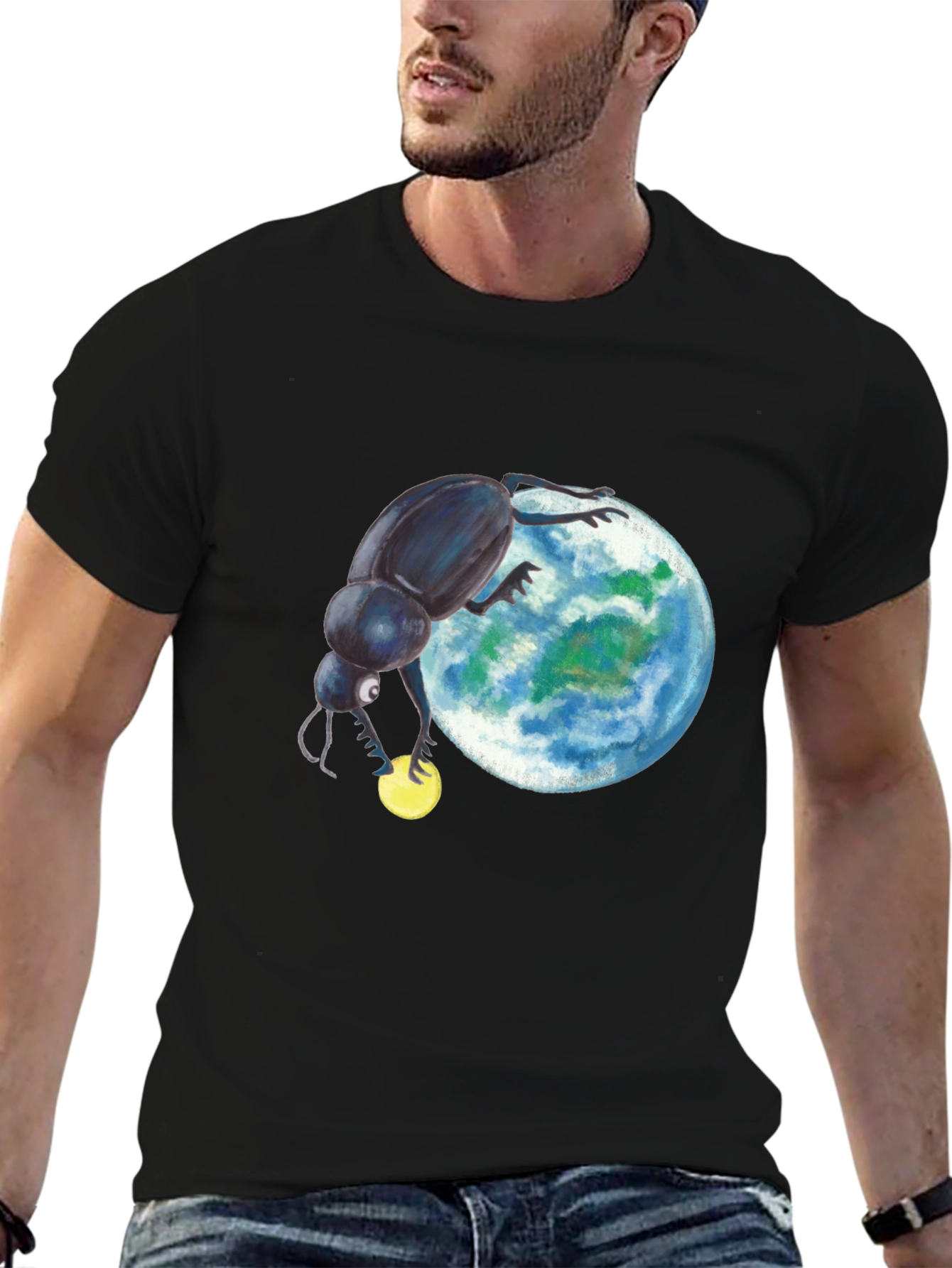 Black T-Shirt with Beetle Rolling Earth Design