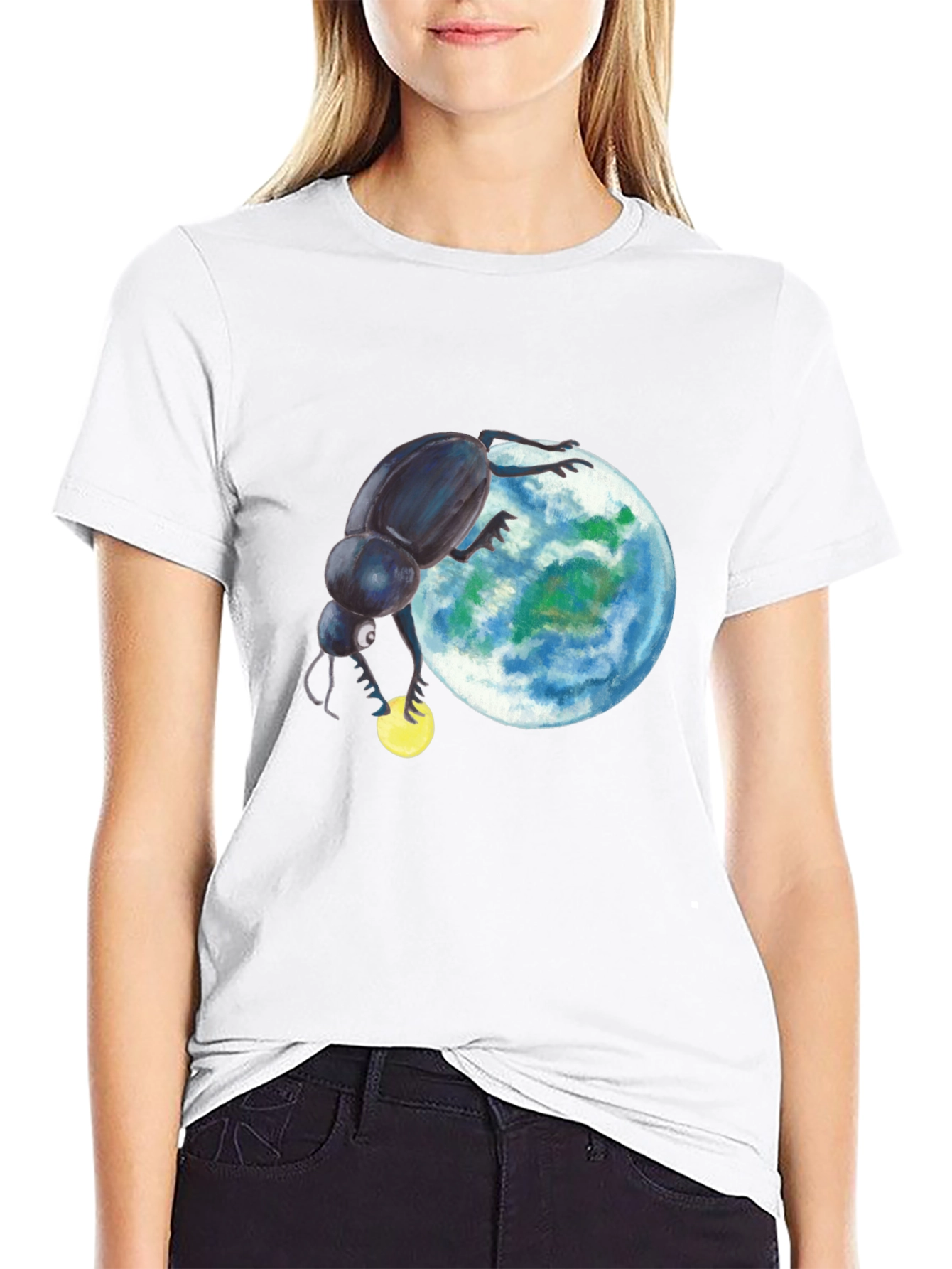 Black T-Shirt with Beetle Rolling Earth Design