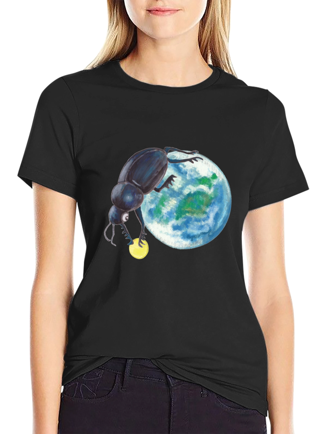 Black T-Shirt with Beetle Rolling Earth Design