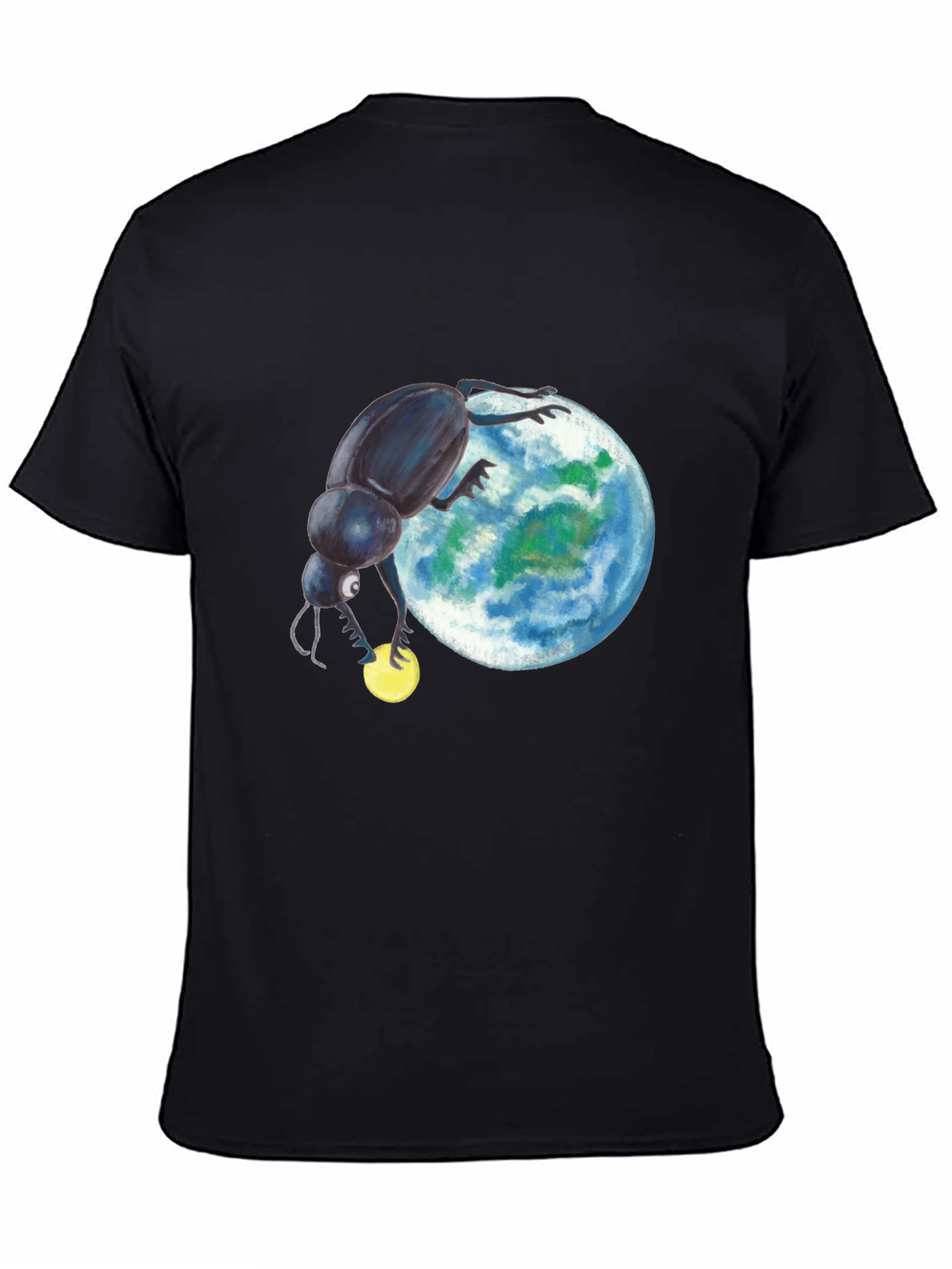 Black T-Shirt with Beetle Rolling Earth Design