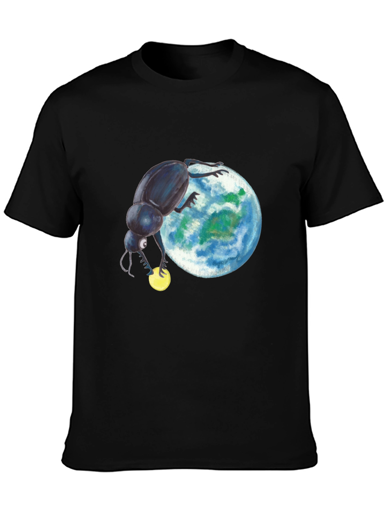 Black T-Shirt with Beetle Rolling Earth Design