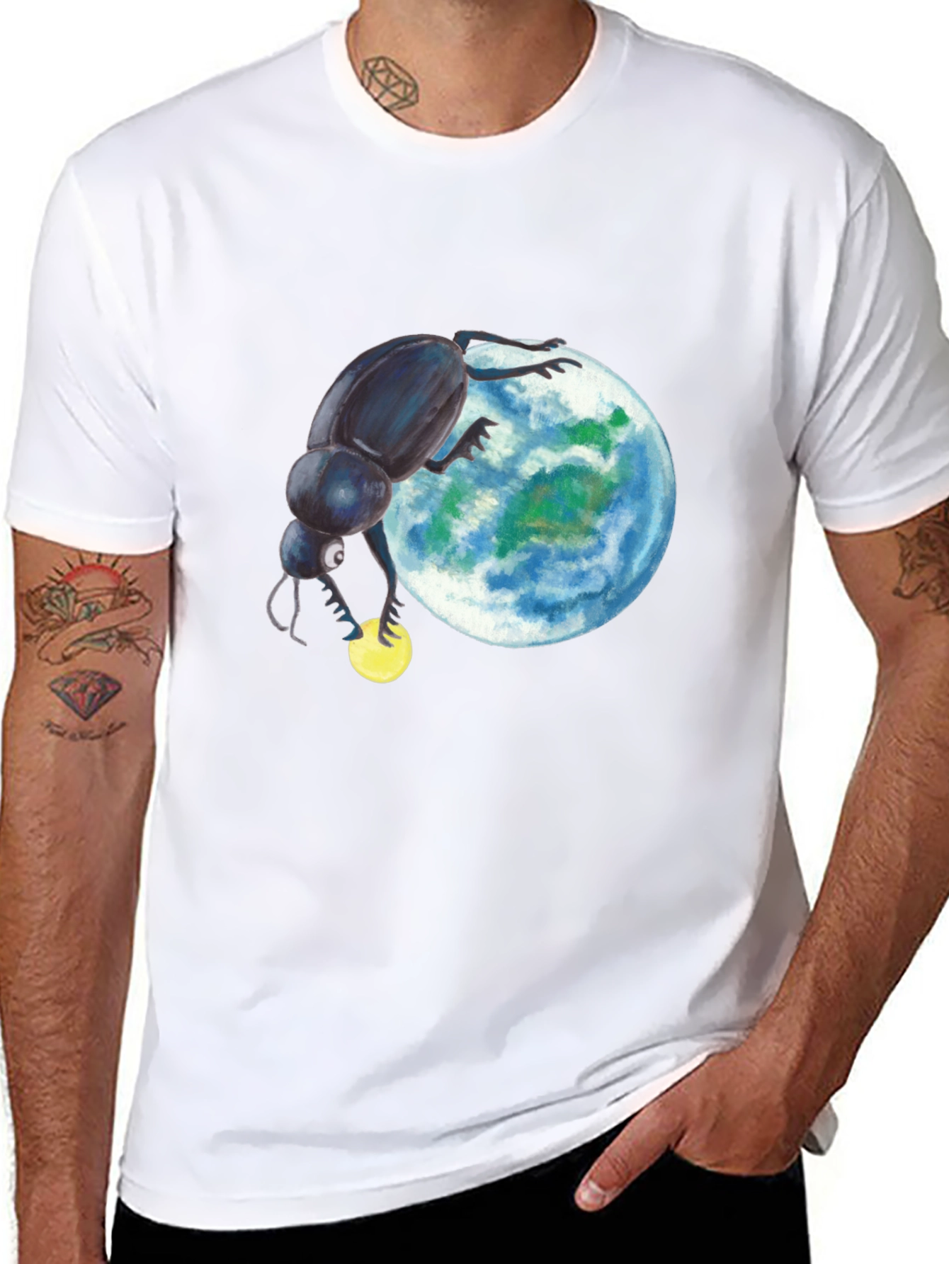 Black T-Shirt with Beetle Rolling Earth Design