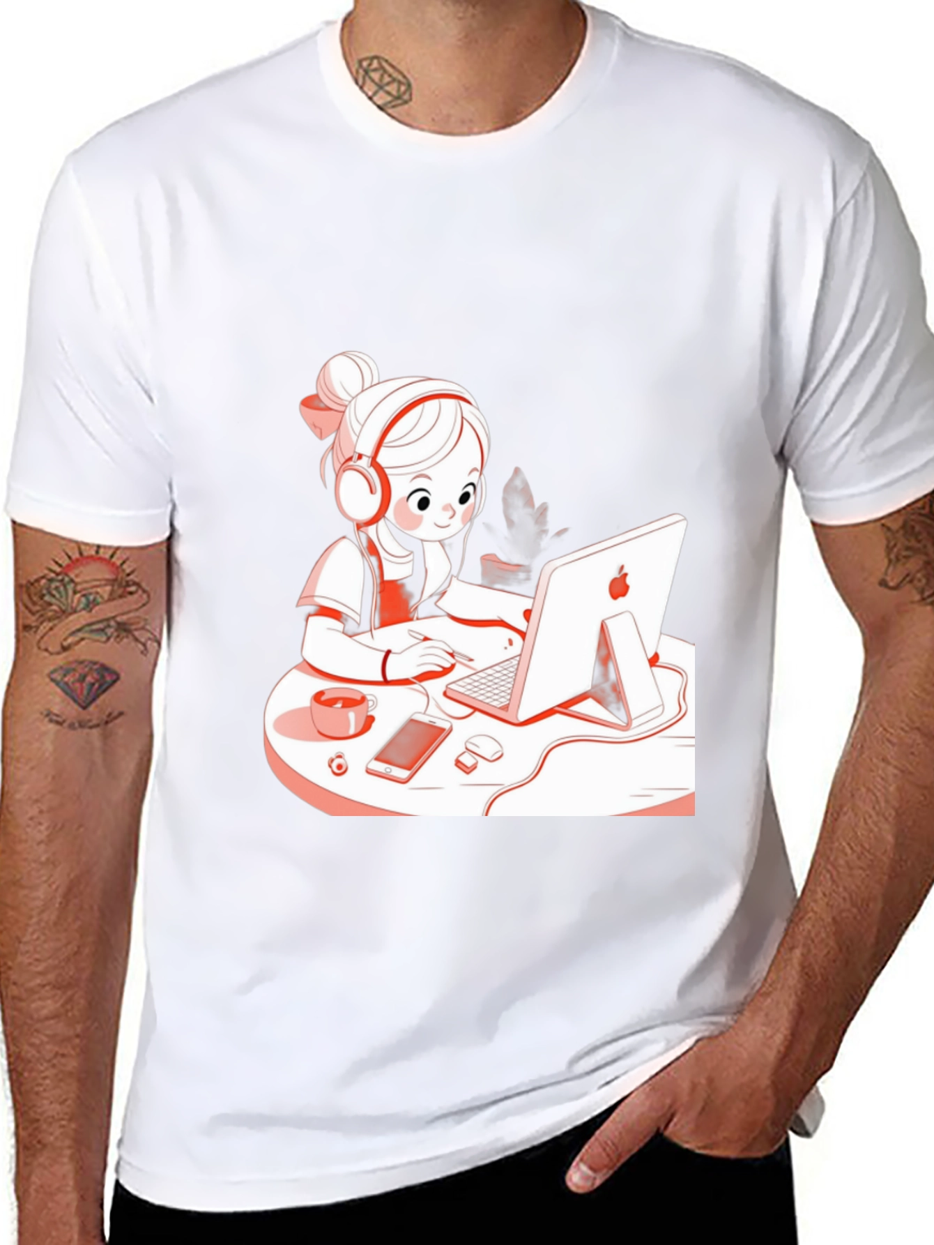 Stylish Black T-Shirt with Cute Girl at Computer Graphic