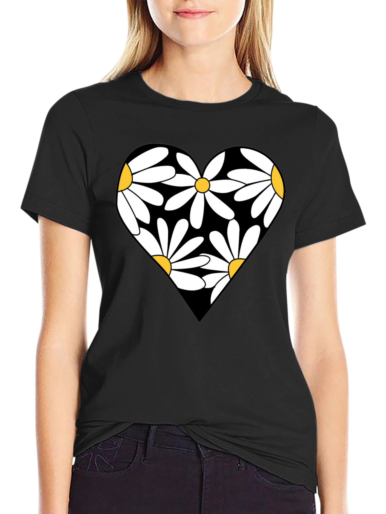 Daisy Heart Graphic Black T-Shirt