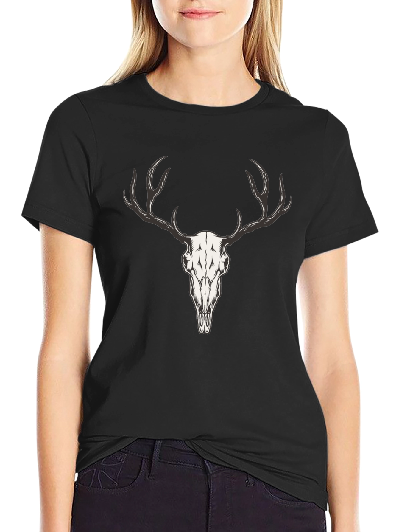 Mens Black T-Shirt with Deer Skull Graphic