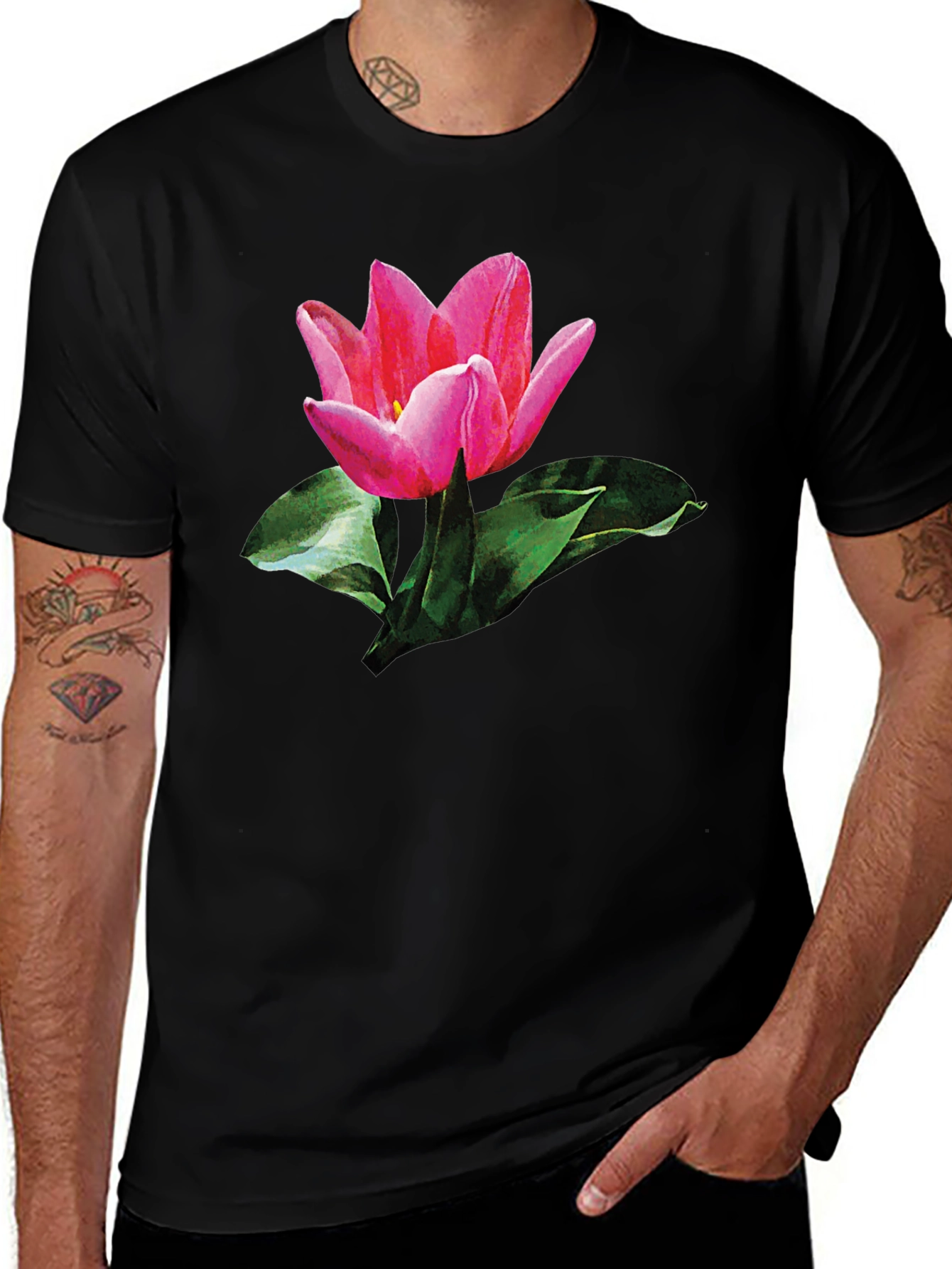 Pink Tulip Graphic Print Black T-Shirt