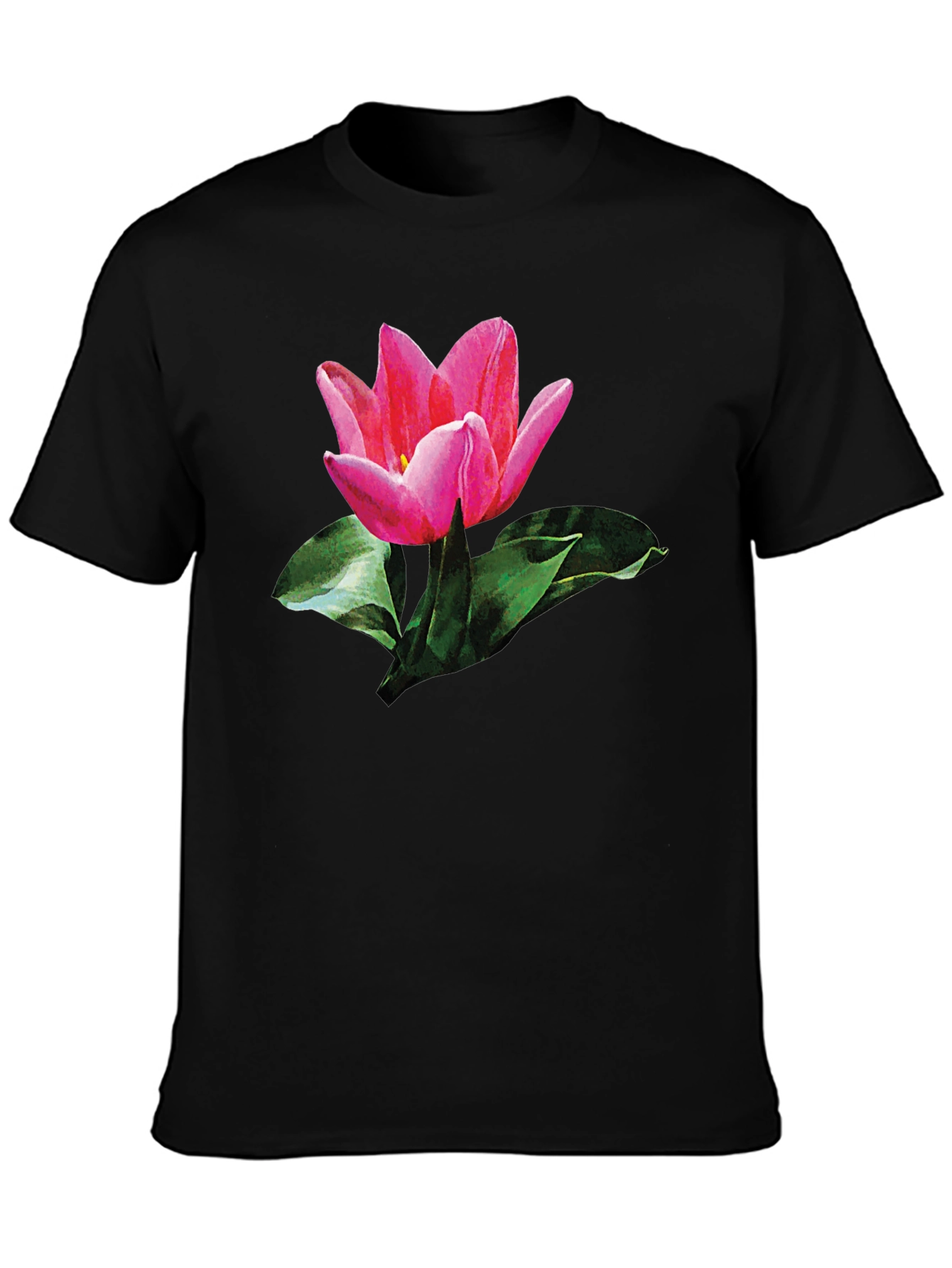 Pink Tulip Graphic Print Black T-Shirt