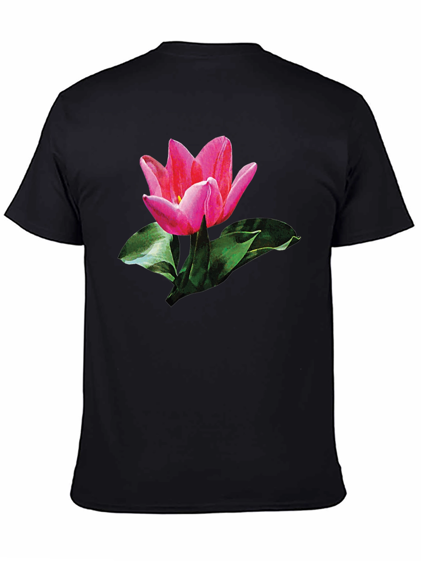 Pink Tulip Graphic Print Black T-Shirt