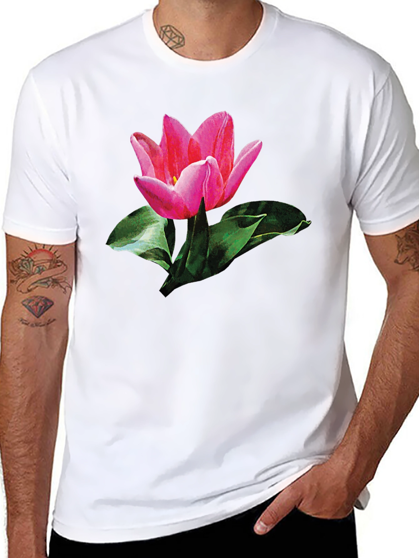 Pink Tulip Graphic Print Black T-Shirt