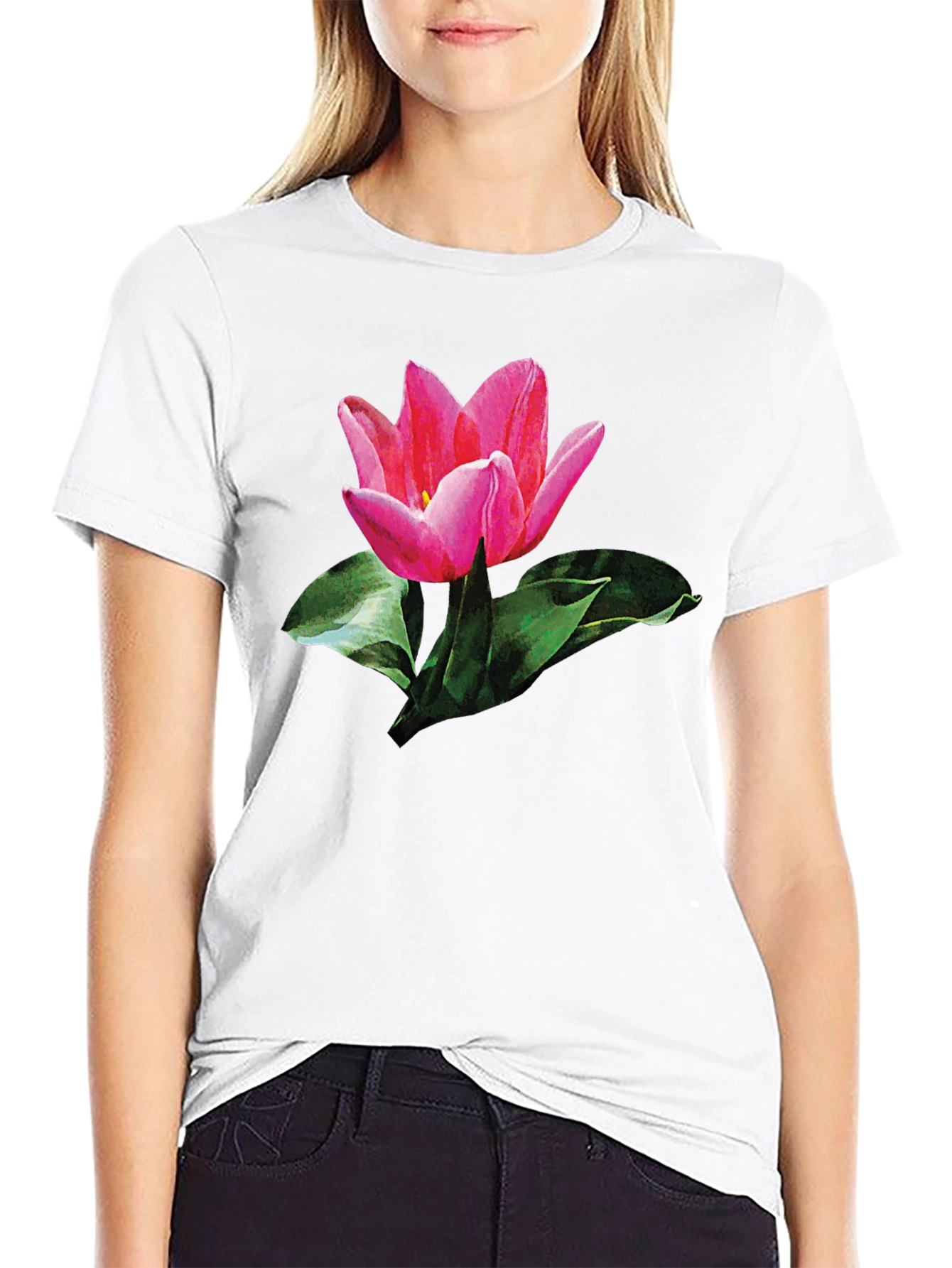 Pink Tulip Graphic Print Black T-Shirt