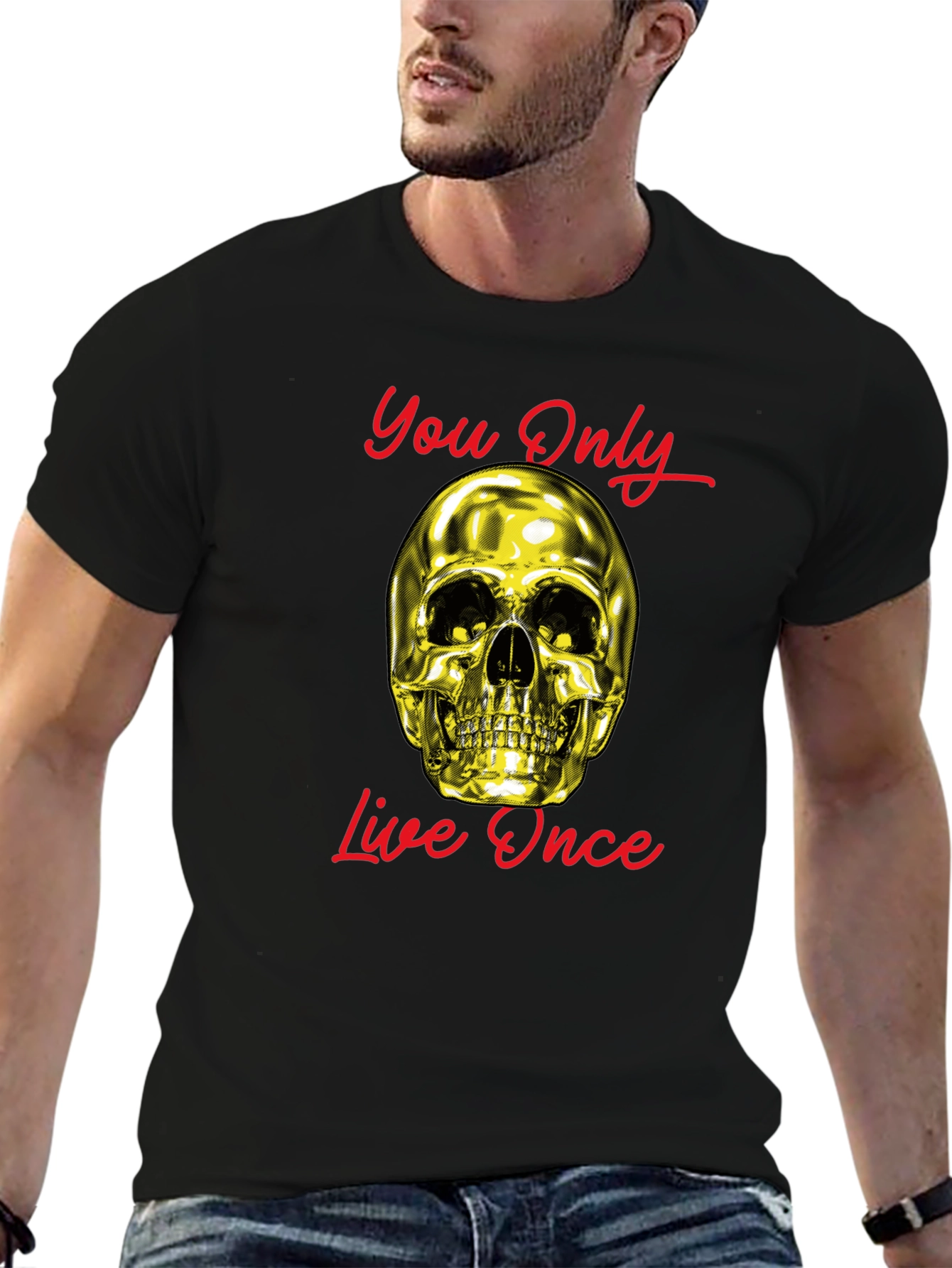 YOLO Gold Skull Graphic Tee - Live Once!