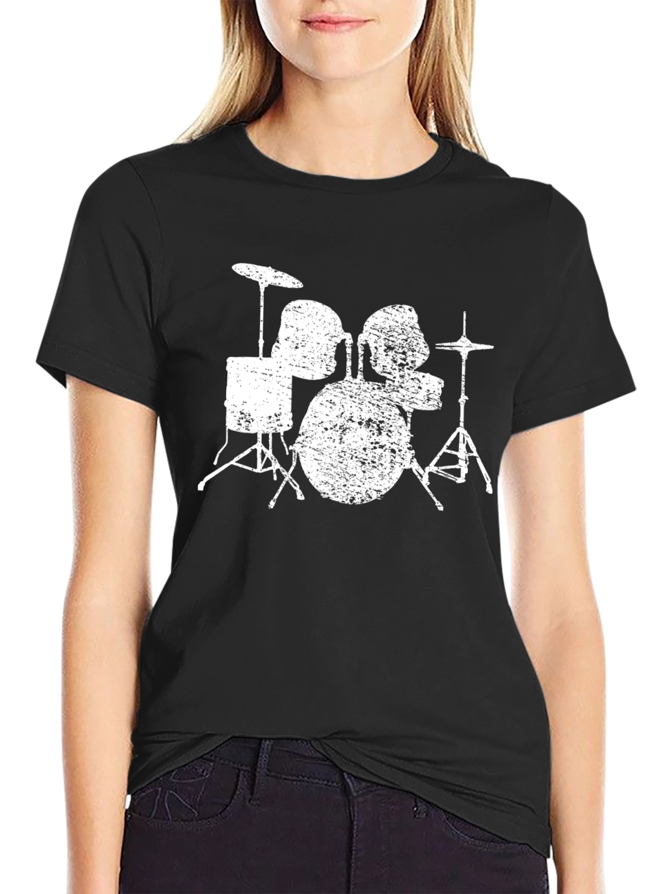 Distressed Drum Set Graphic Tee - Black Cotton T-Shirt