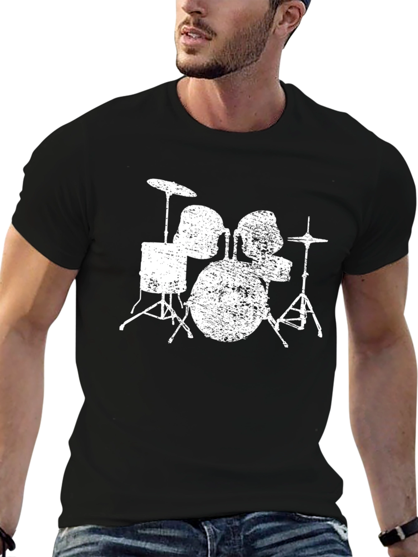 Distressed Drum Set Graphic Tee - Black Cotton T-Shirt