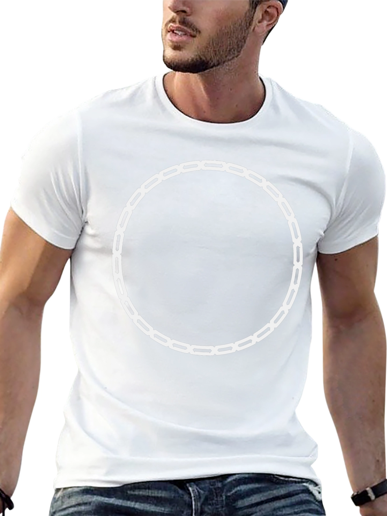 Black Tee with Unique White Chain Circle Design