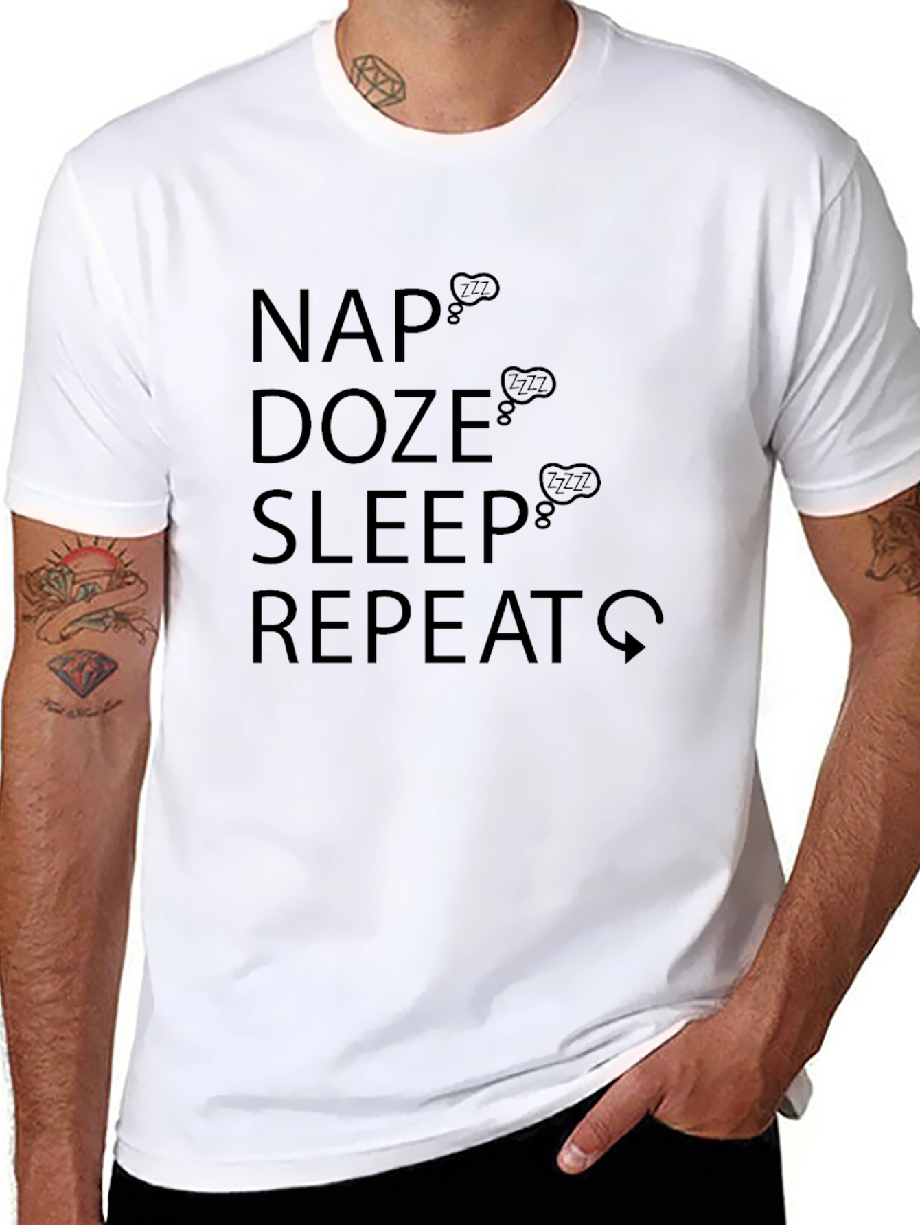 Nap Doze Sleep Repeat Mens Black Graphic Tee