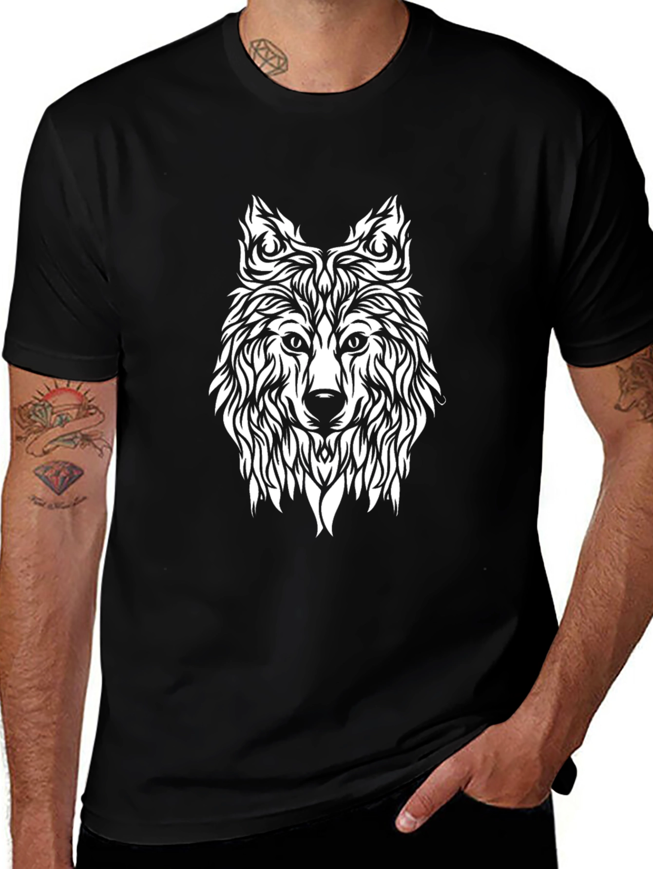 Tribal Wolf Graphic Tee - Black Cotton Blend