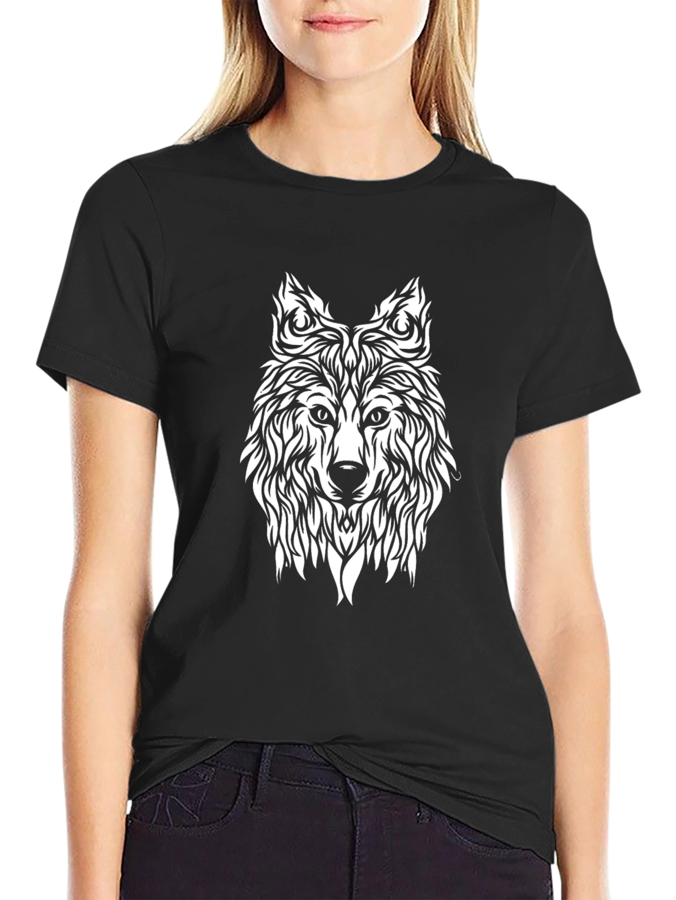 Tribal Wolf Graphic Tee - Black Cotton Blend