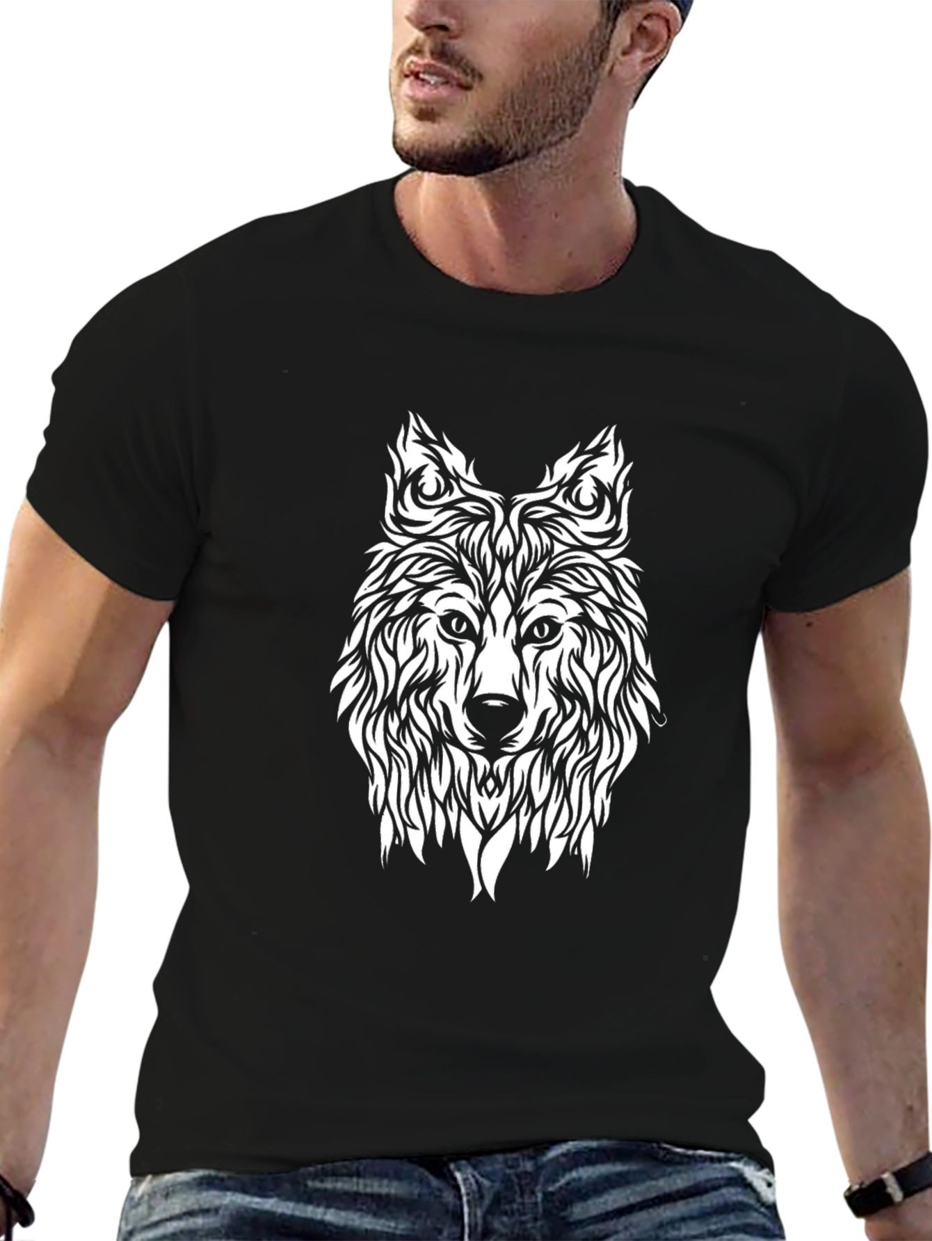 Tribal Wolf Graphic Tee - Black Cotton Blend