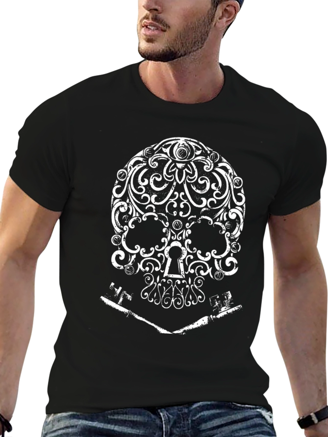 Ornate Skull and Keys Graphic T-Shirt