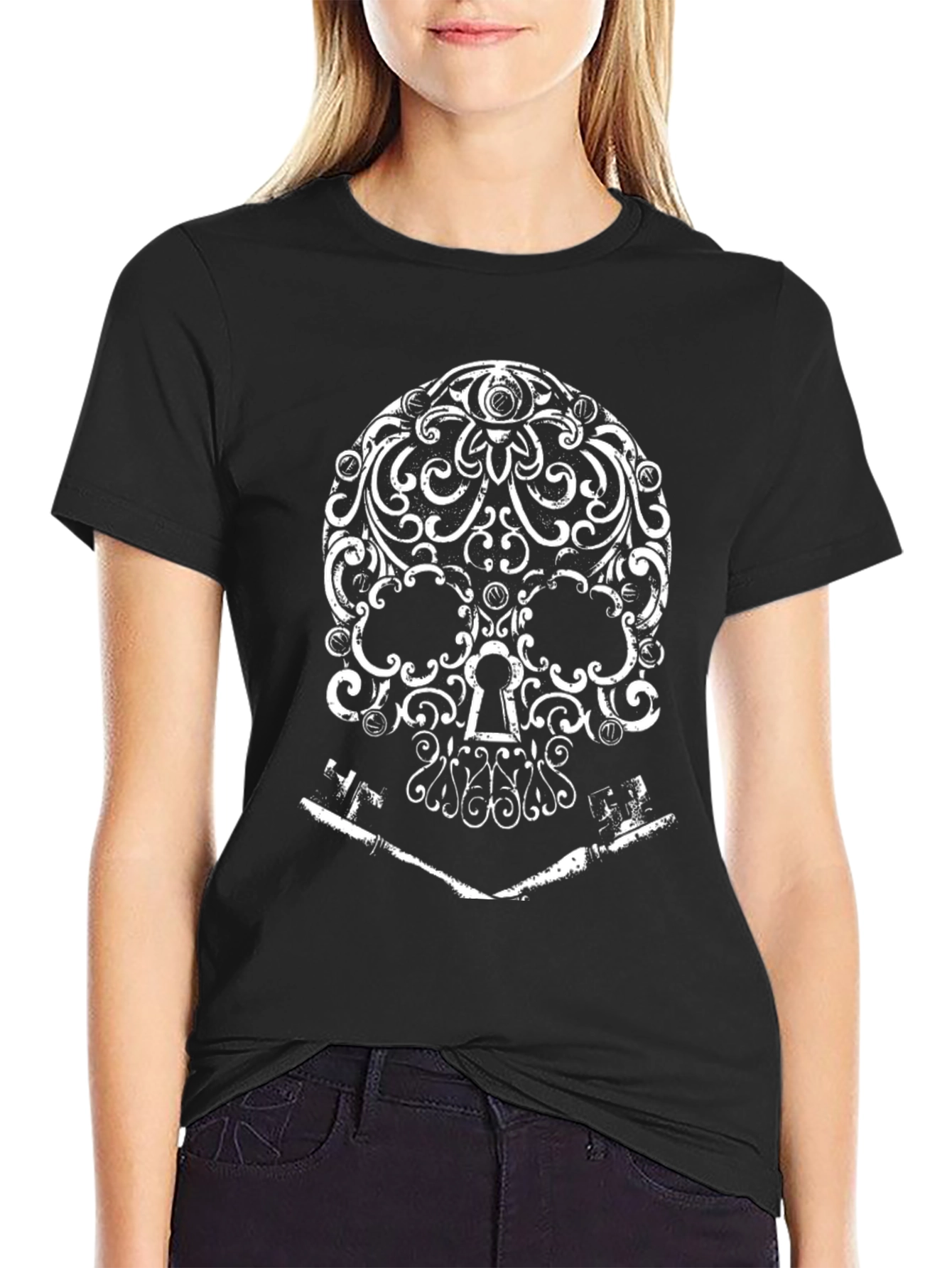 Ornate Skull and Keys Graphic T-Shirt