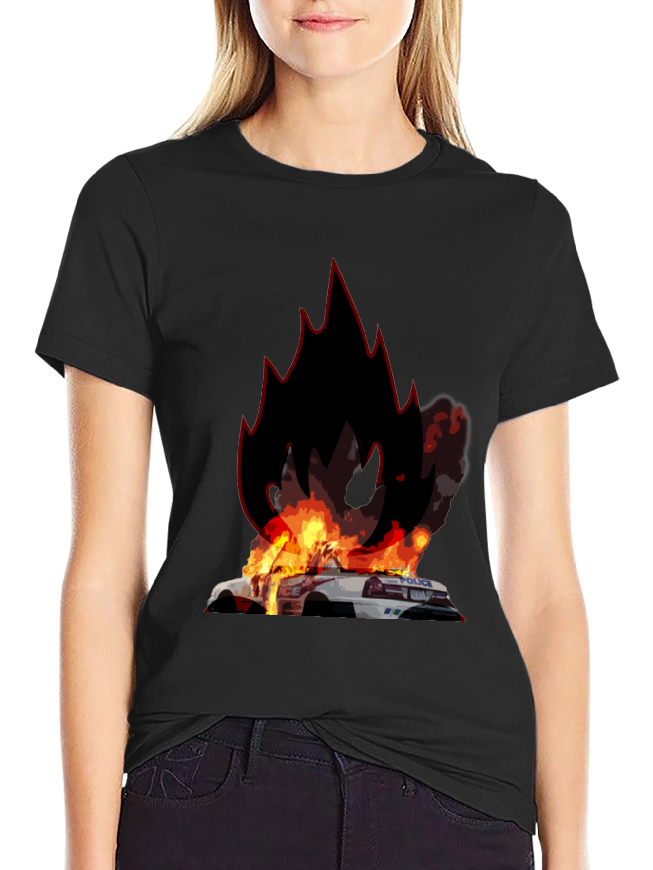 Burning Police Car T-Shirt - Bold Graphic Tee