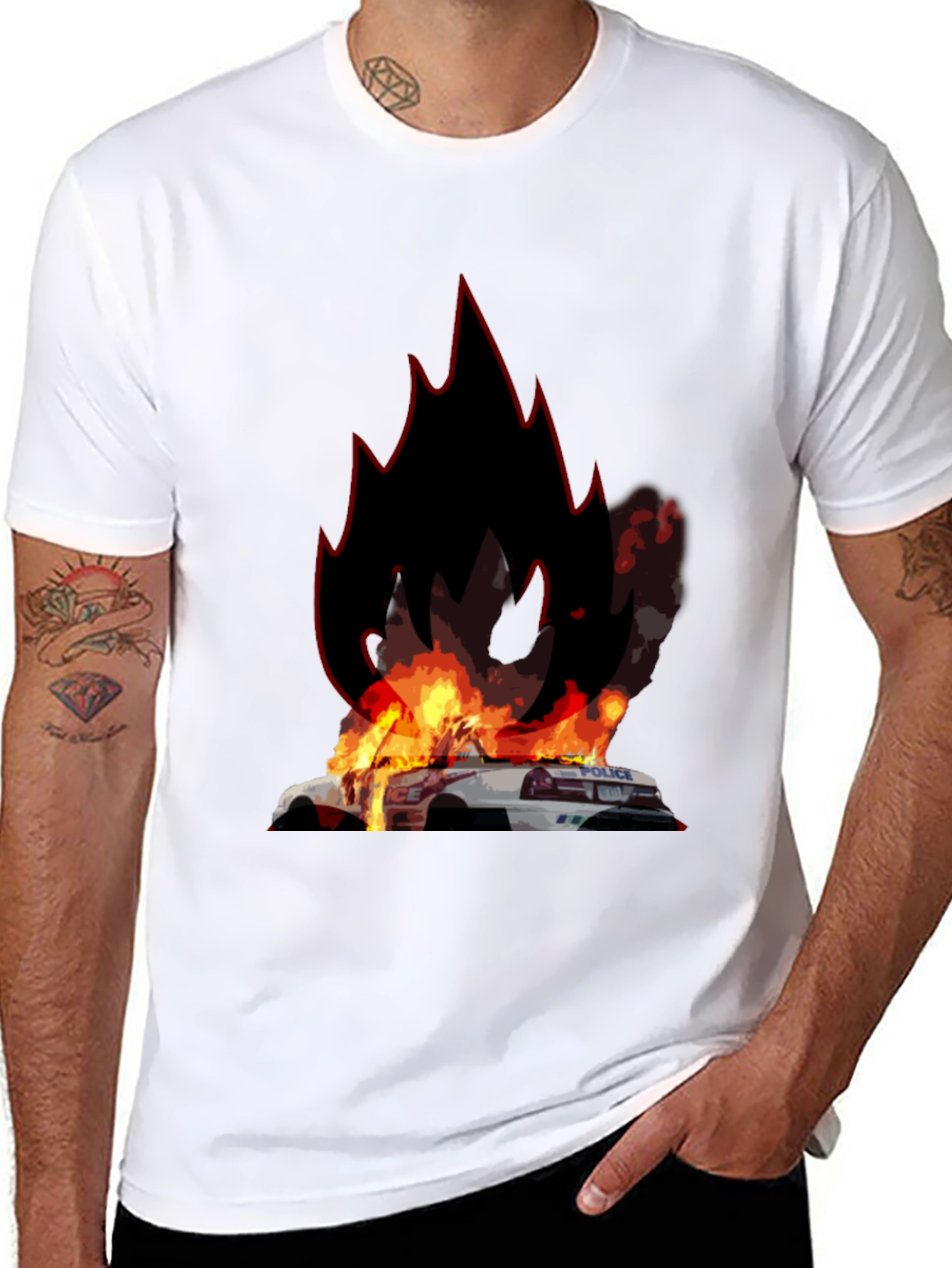 Burning Police Car T-Shirt - Bold Graphic Tee