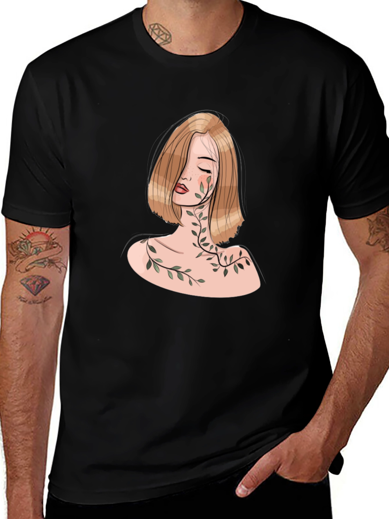 Botanical Woman Graphic Tee - Elegant Black T-Shirt