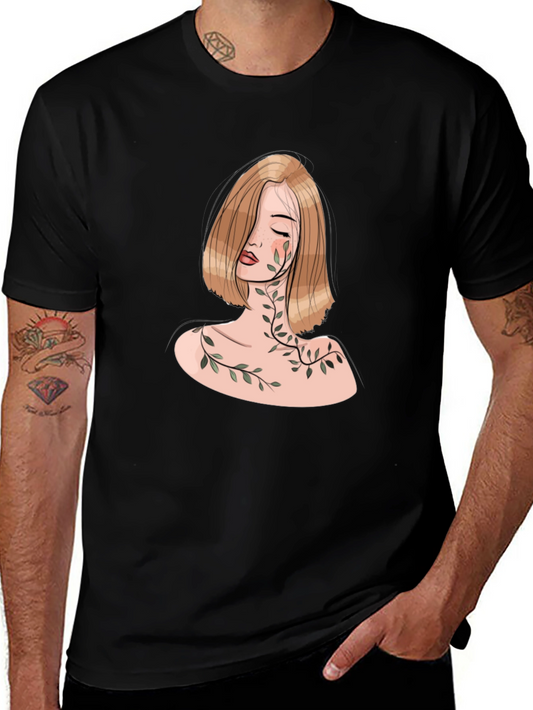 Botanical Woman Graphic Tee - Elegant Black T-Shirt