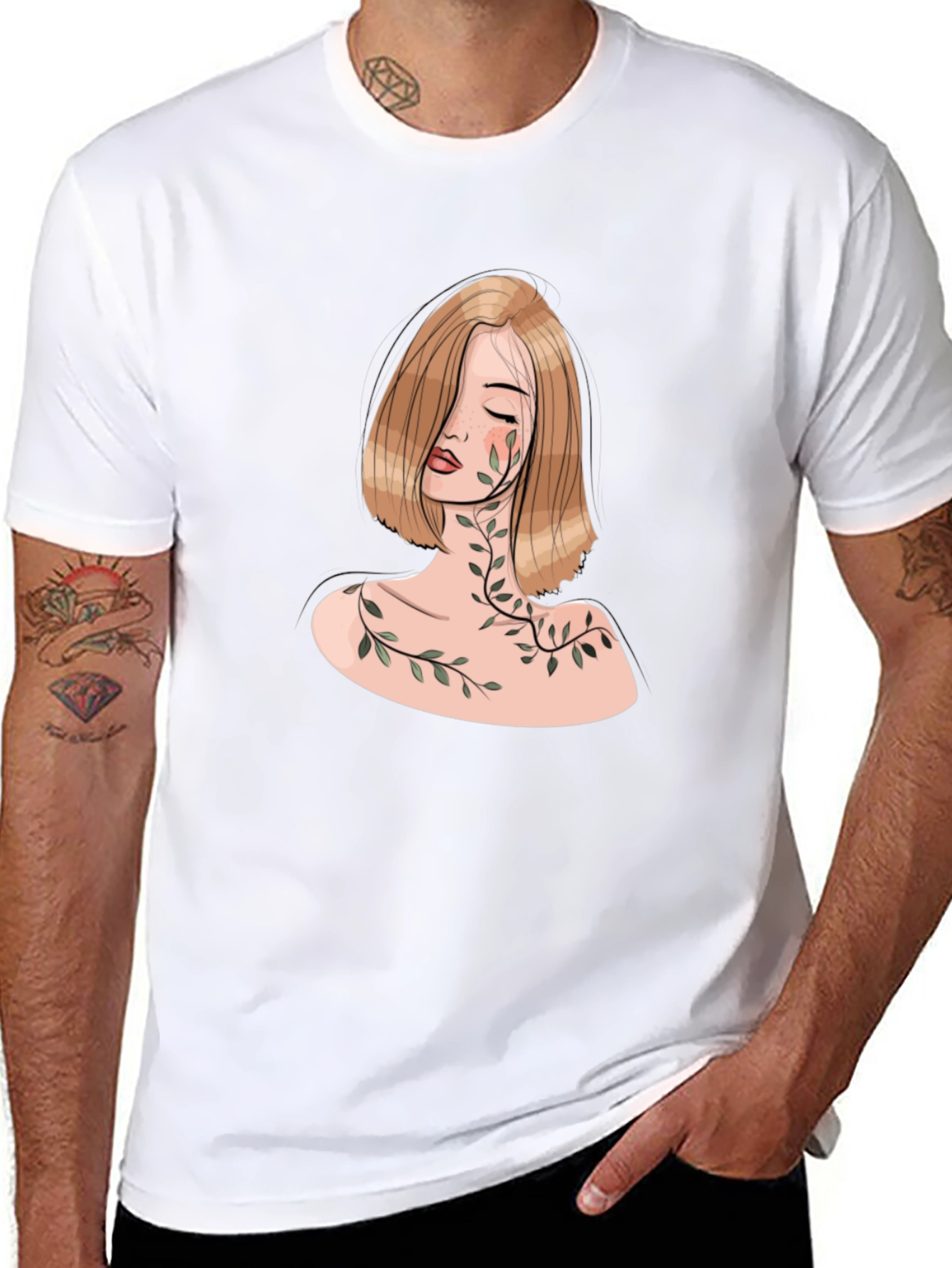 Botanical Woman Graphic Tee - Elegant Black T-Shirt