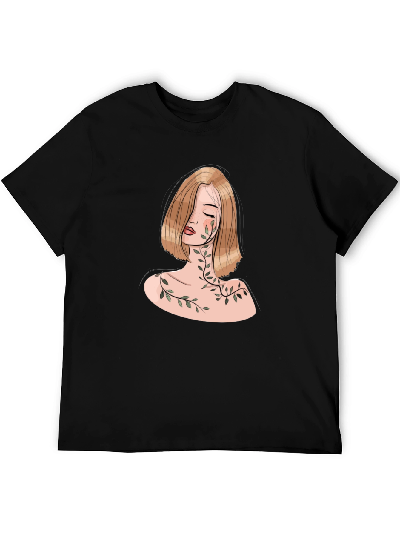 Botanical Woman Graphic Tee - Elegant Black T-Shirt