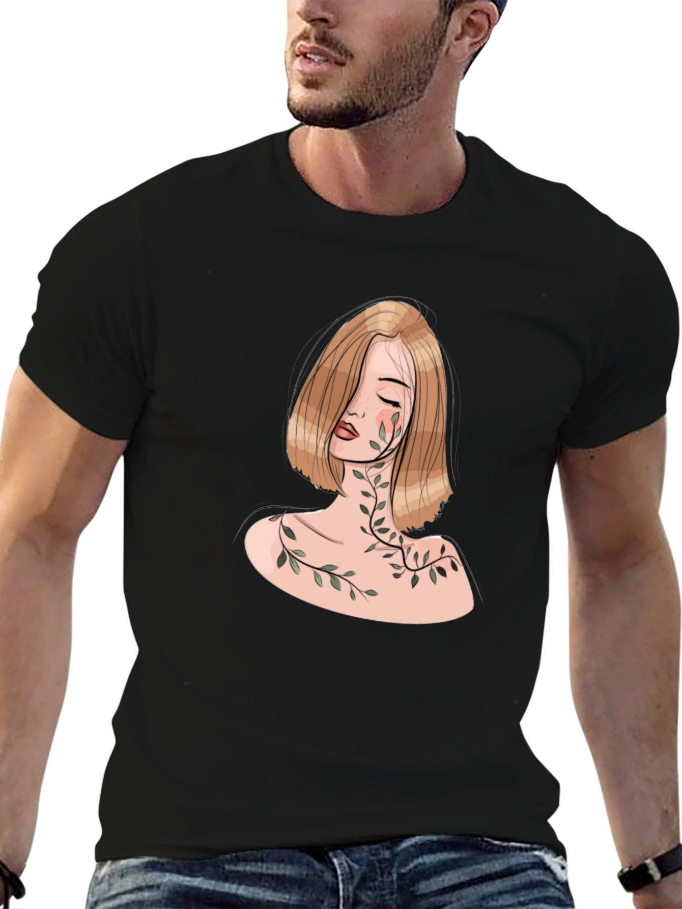 Botanical Woman Graphic Tee - Elegant Black T-Shirt