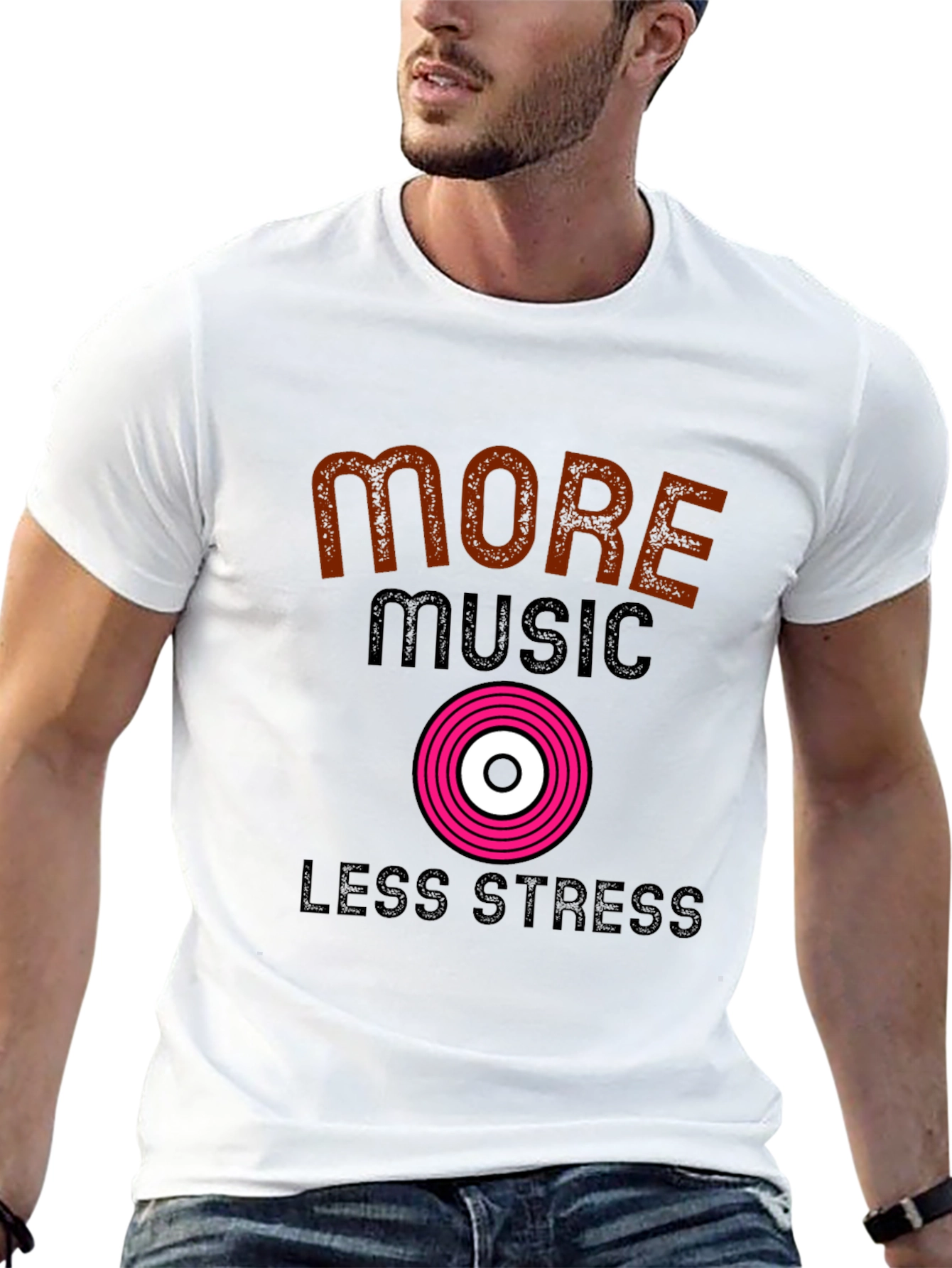 More Music Less Stress Black T-Shirt
