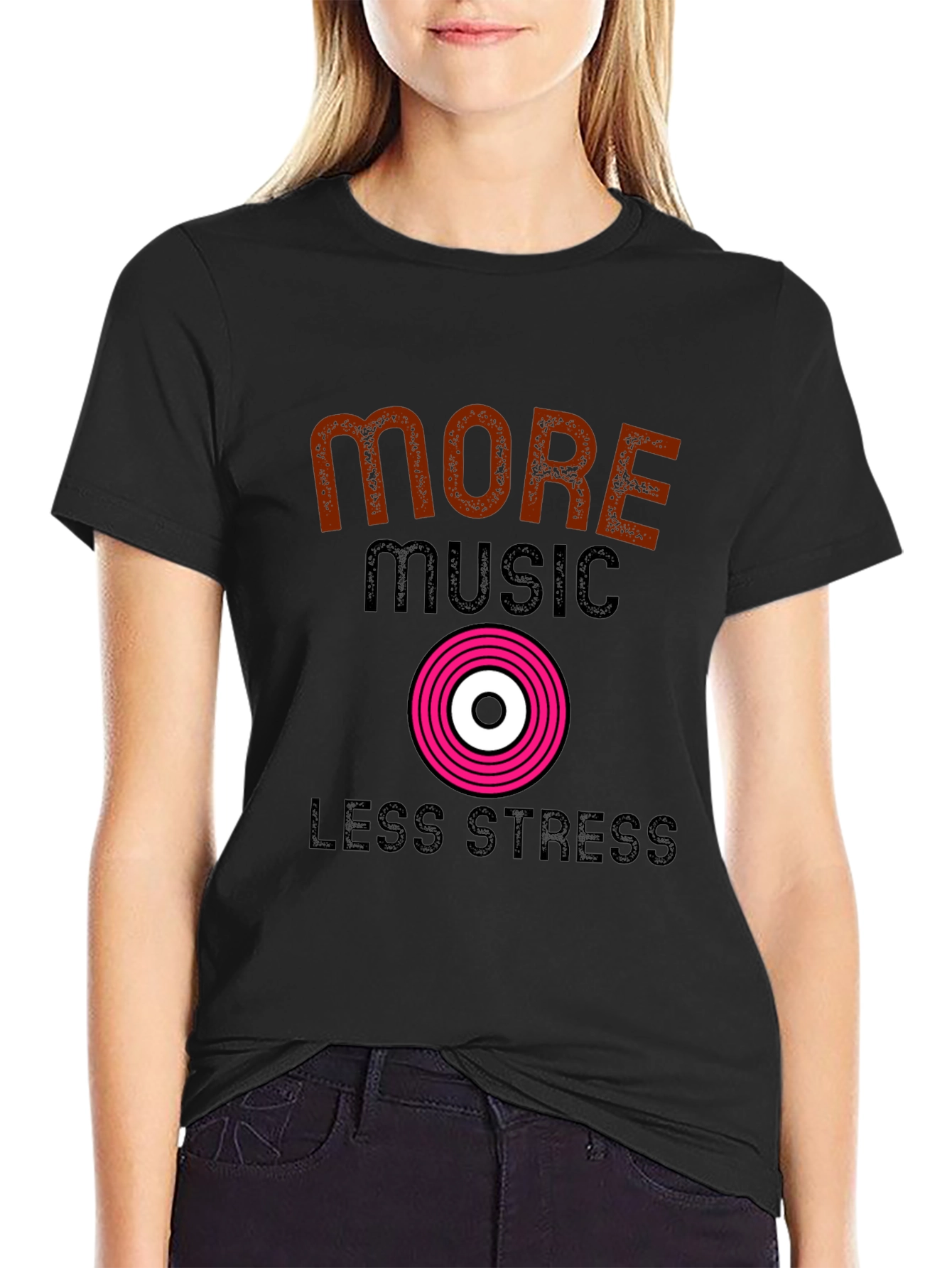 More Music Less Stress Black T-Shirt