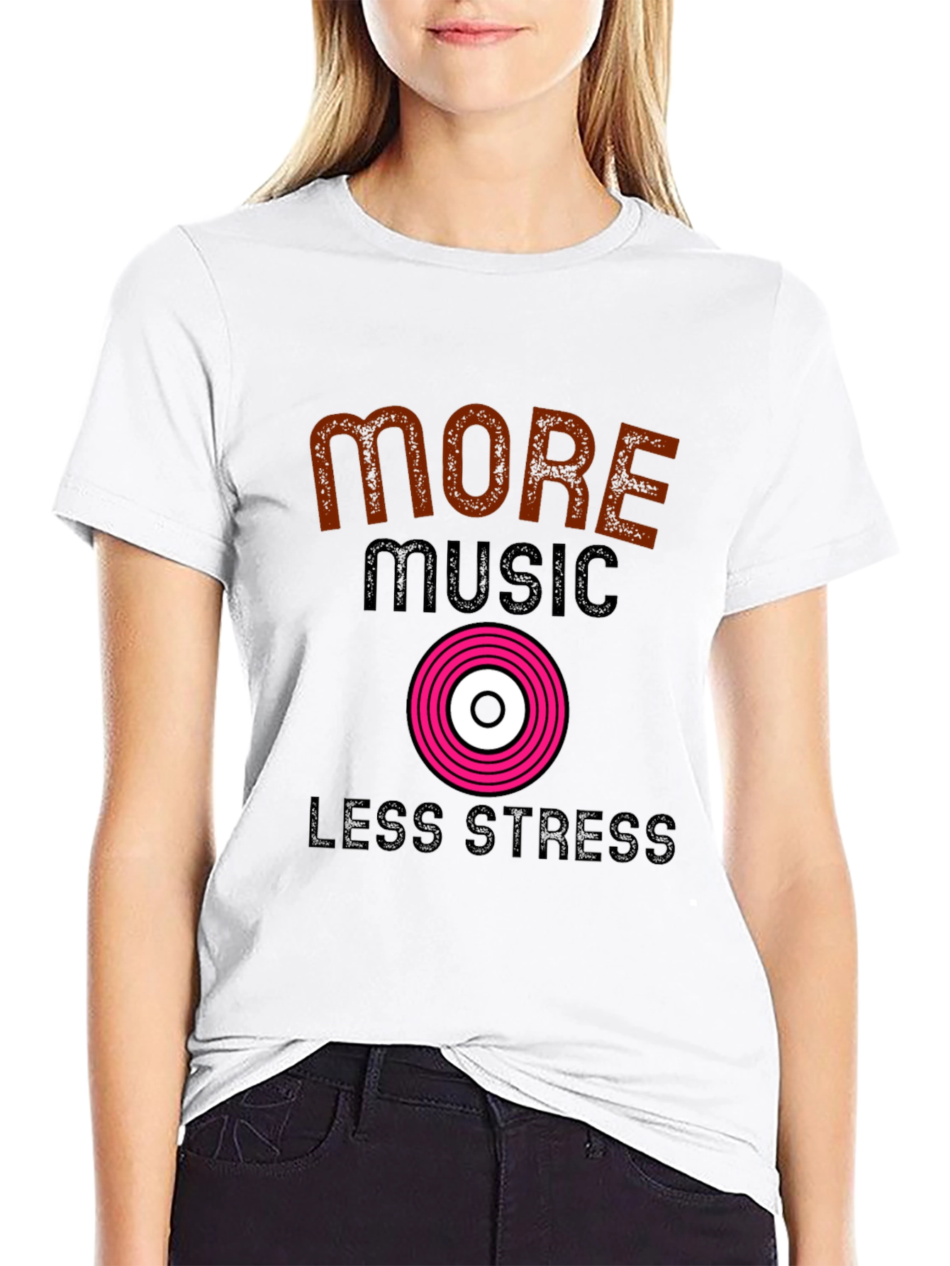 More Music Less Stress Black T-Shirt