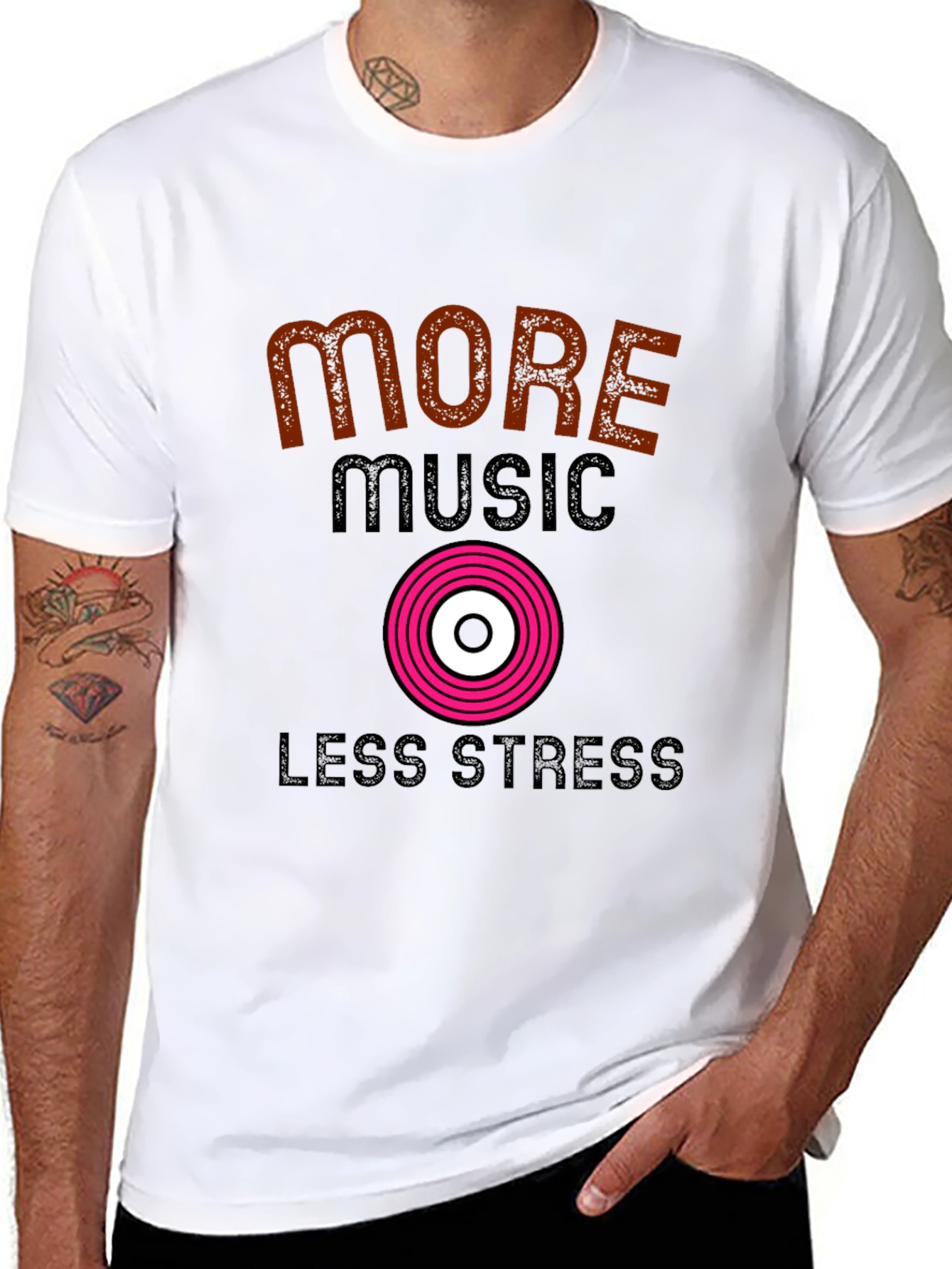 More Music Less Stress Black T-Shirt
