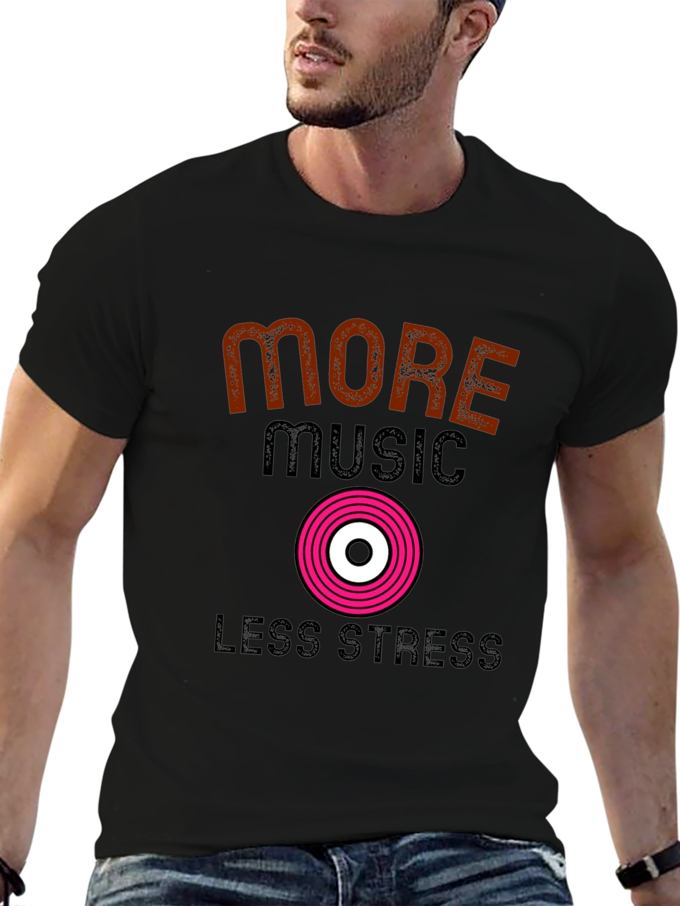 More Music Less Stress Black T-Shirt