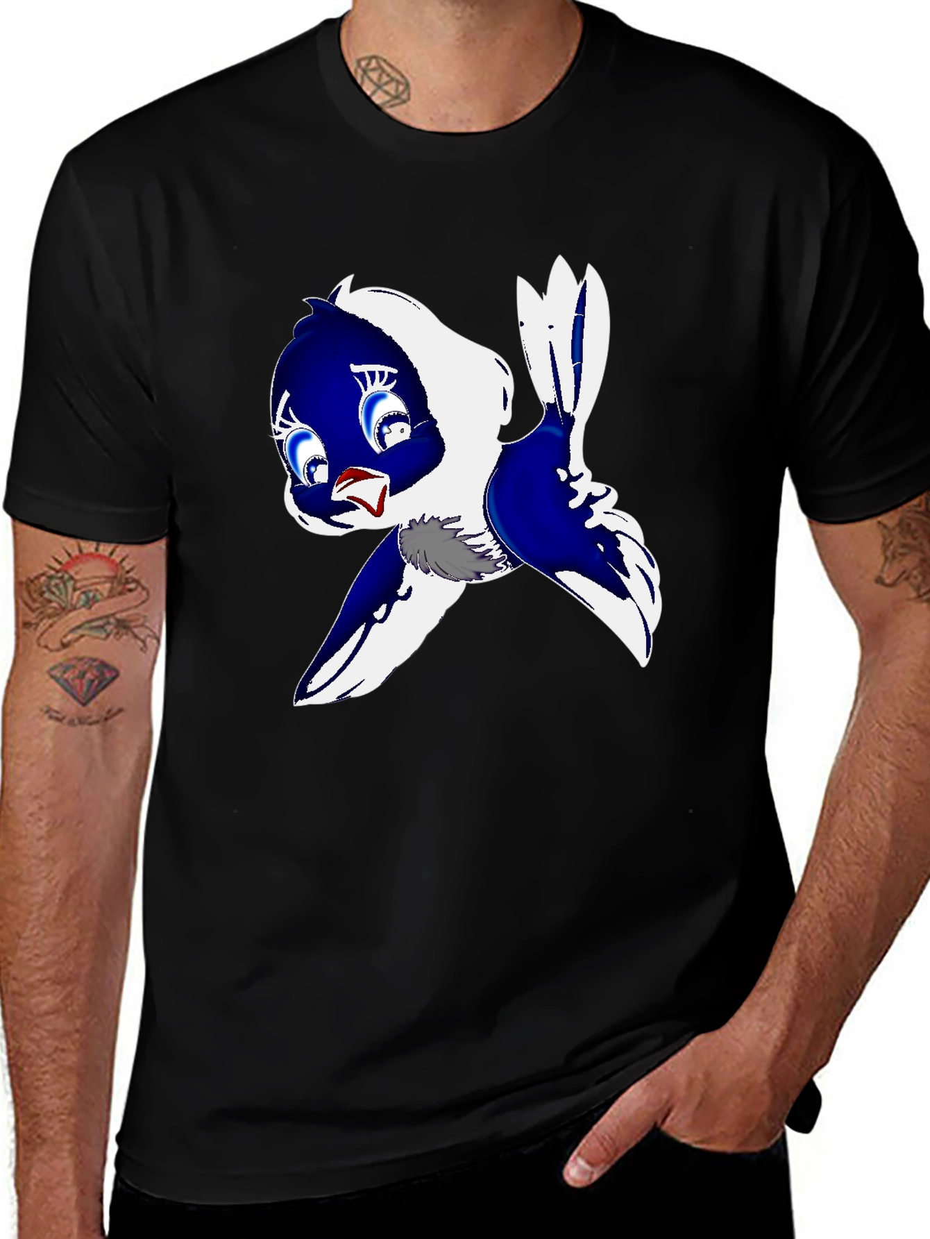 Cartoon Bird Print Black T-Shirt